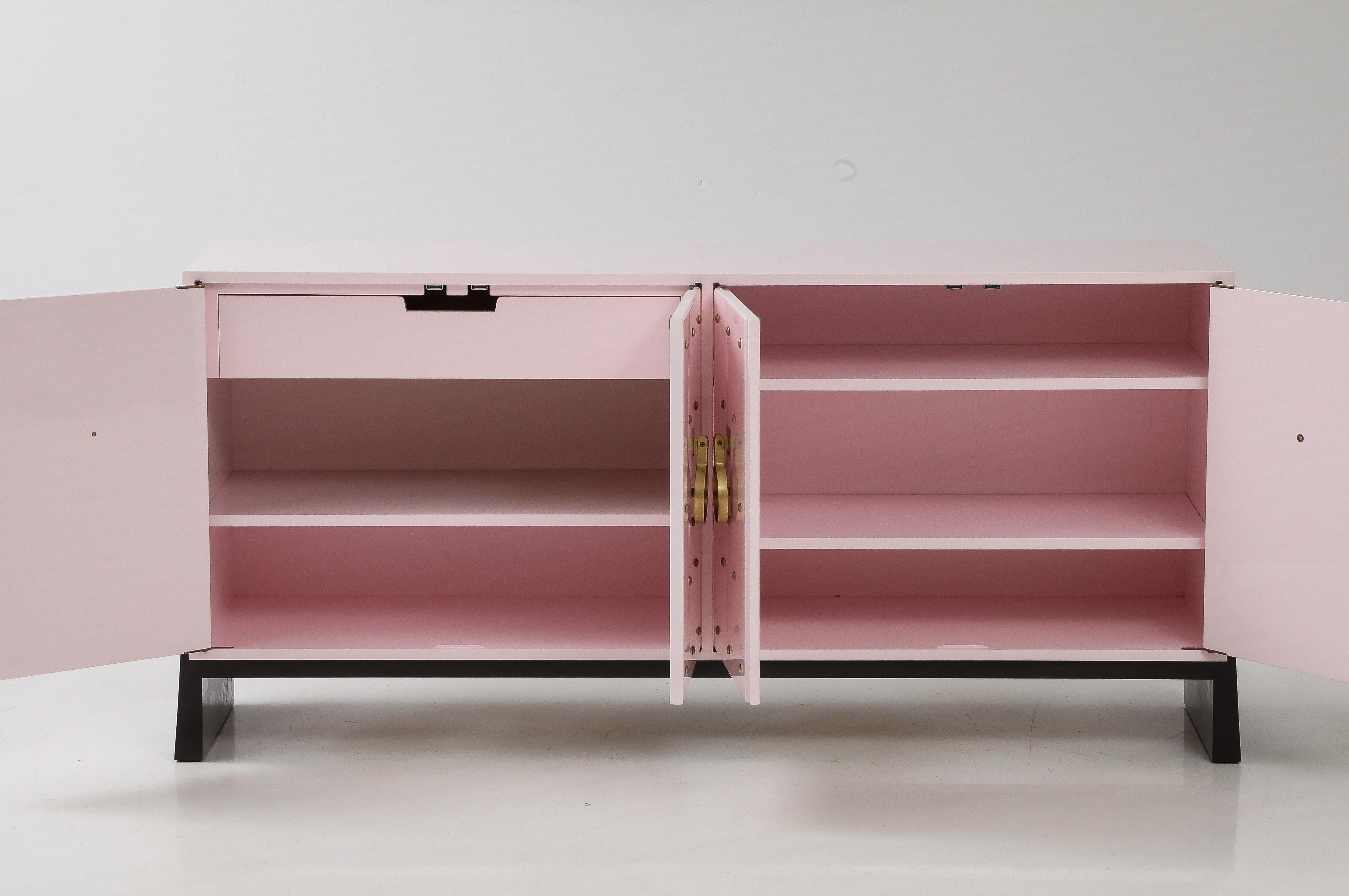 20th Century Tommi Parzinger Brass Stud, Shell Pink Lacquer Credenza, Signed For Sale