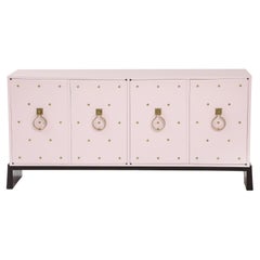 Retro Tommi Parzinger Brass Stud, Shell Pink Lacquer Credenza, Signed