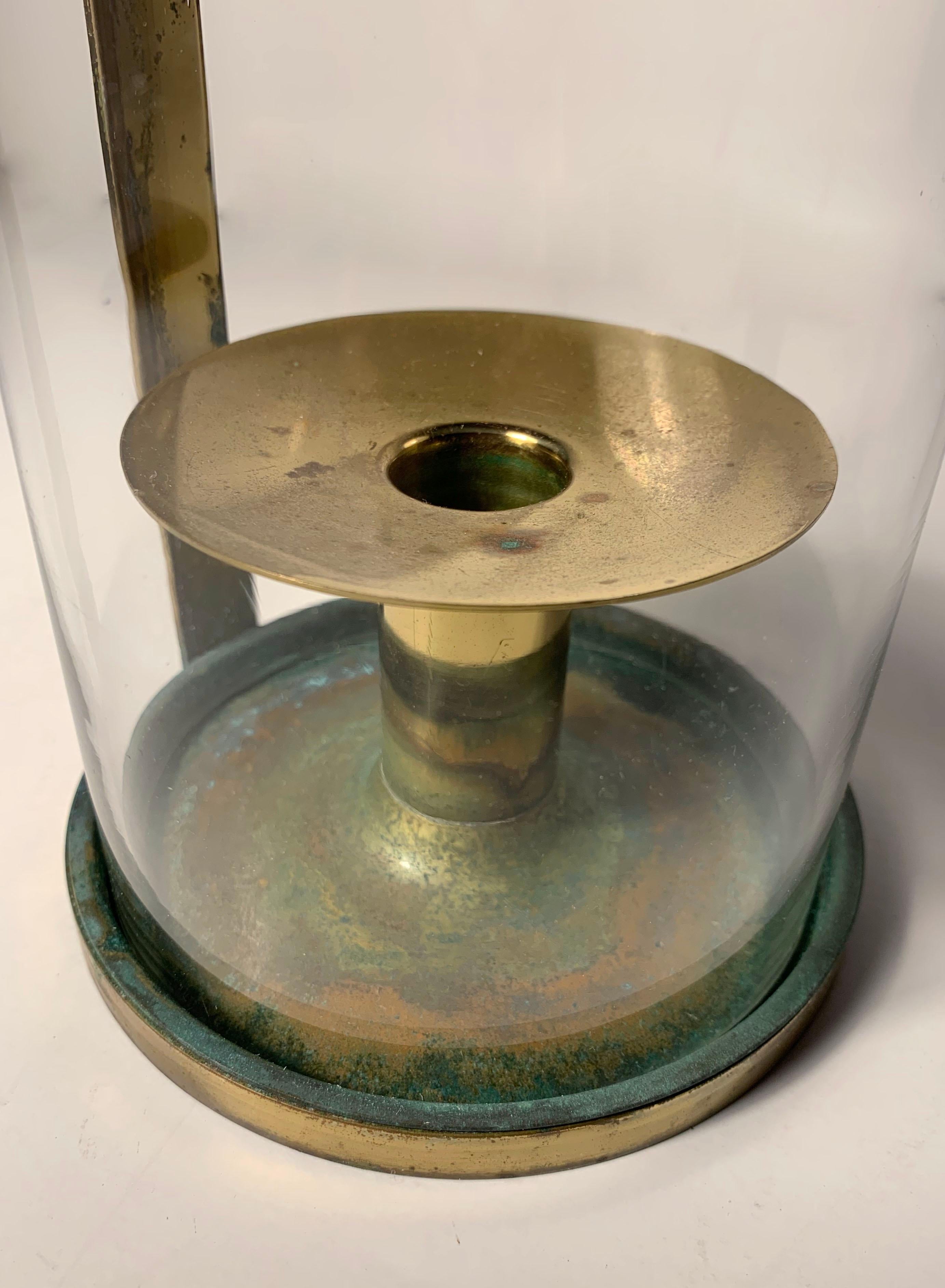 Brass Tommi Parzinger Candle Stick Holder with Original Hurricane Glass  For Sale