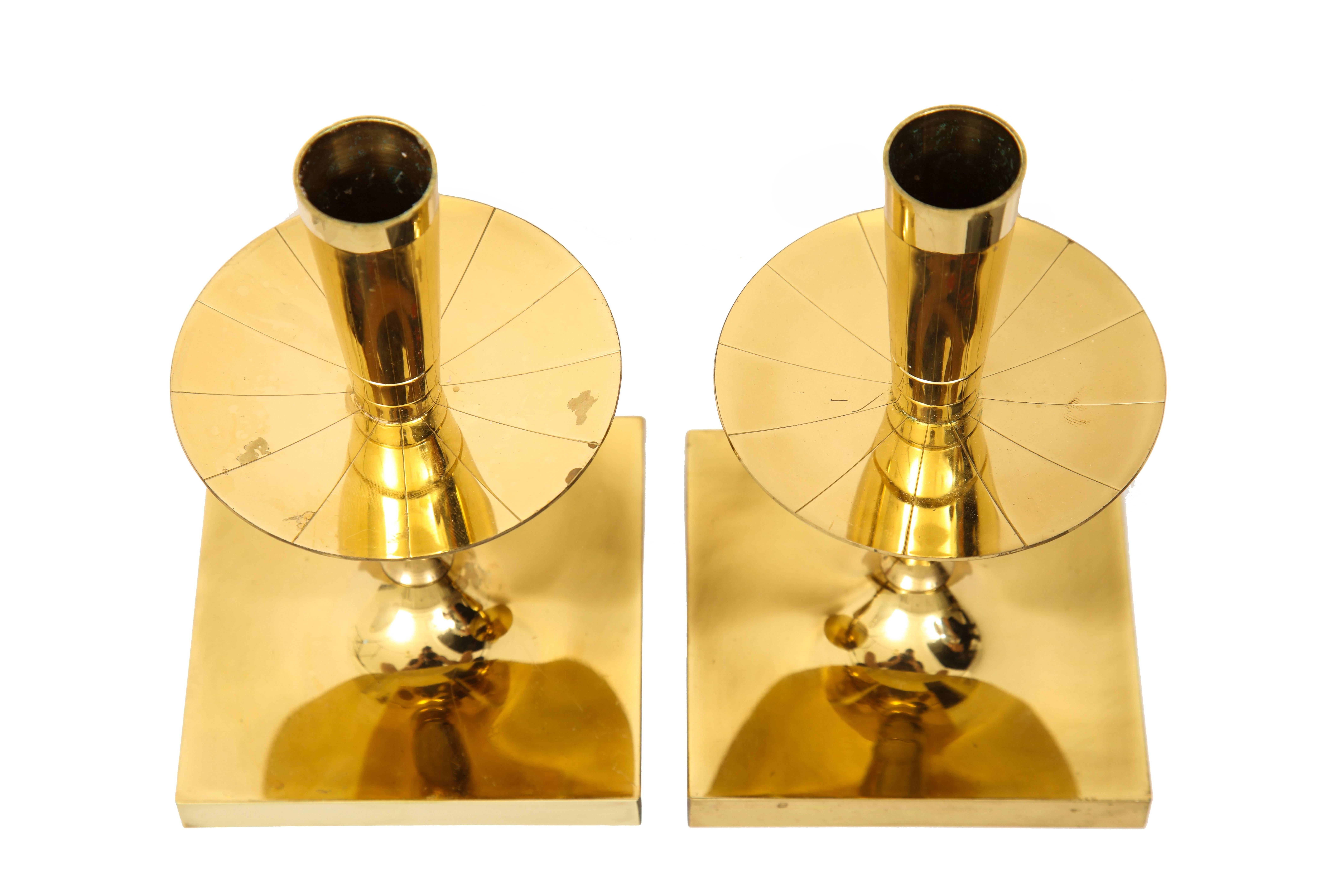 Tommi Parzinger Candlesticks, Brass, Signed, Dorlyn In Good Condition For Sale In New York, NY