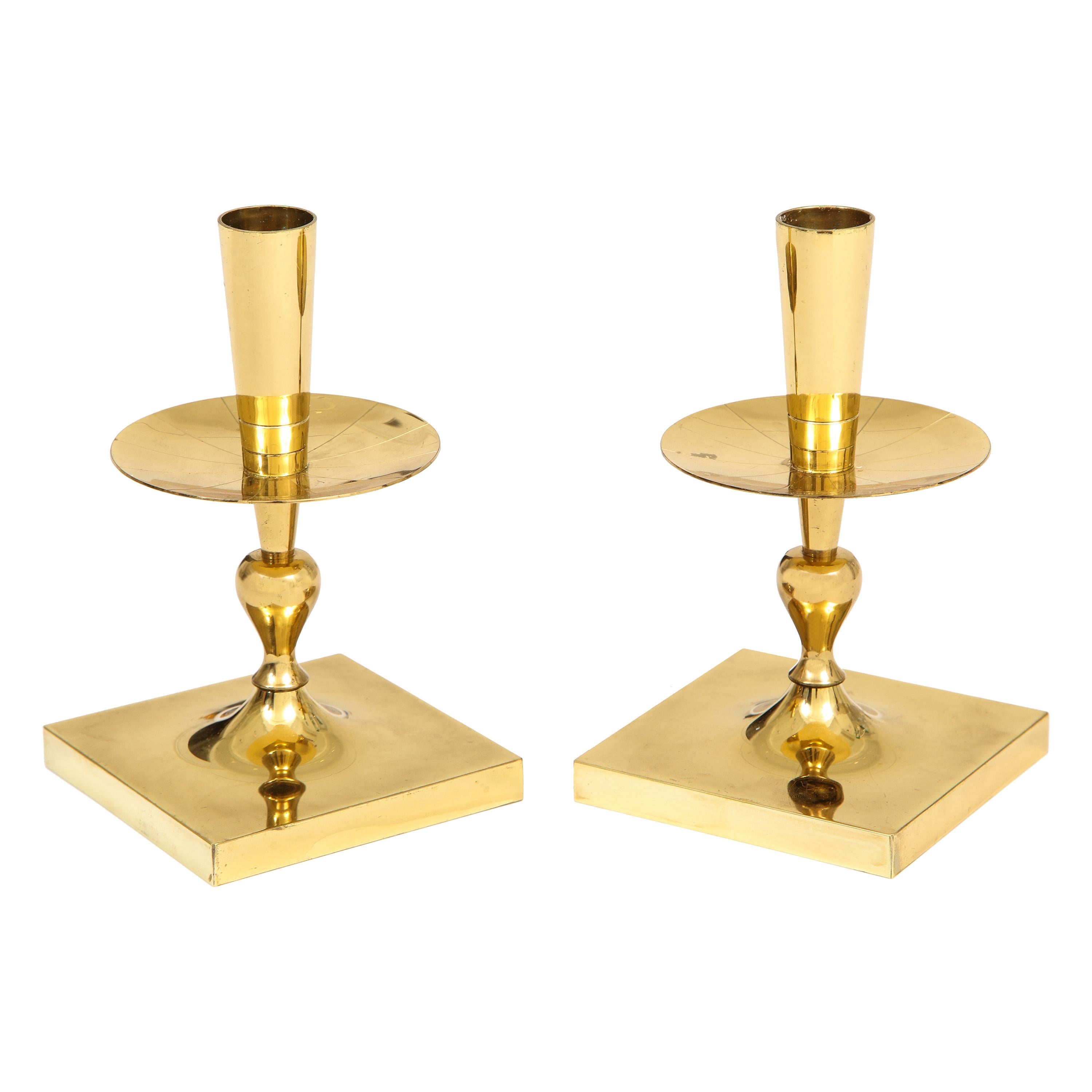 Tommi Parzinger candlesticks brass signed. Small scale pair of candlesticks both signed on the undersides: 