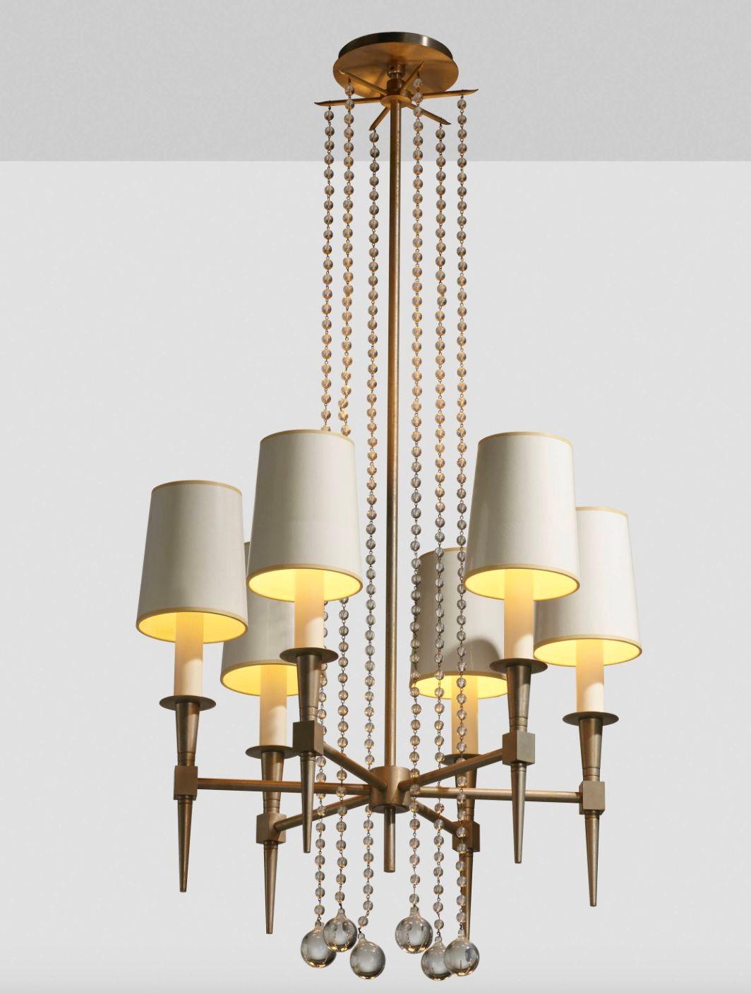 Tommi Parzinger Chandelier for Parzinger Originals, Six-arm light source with individual shades
USA, c. 1955
zinc-plated brass, paper, glass
Dimensions:

40.75