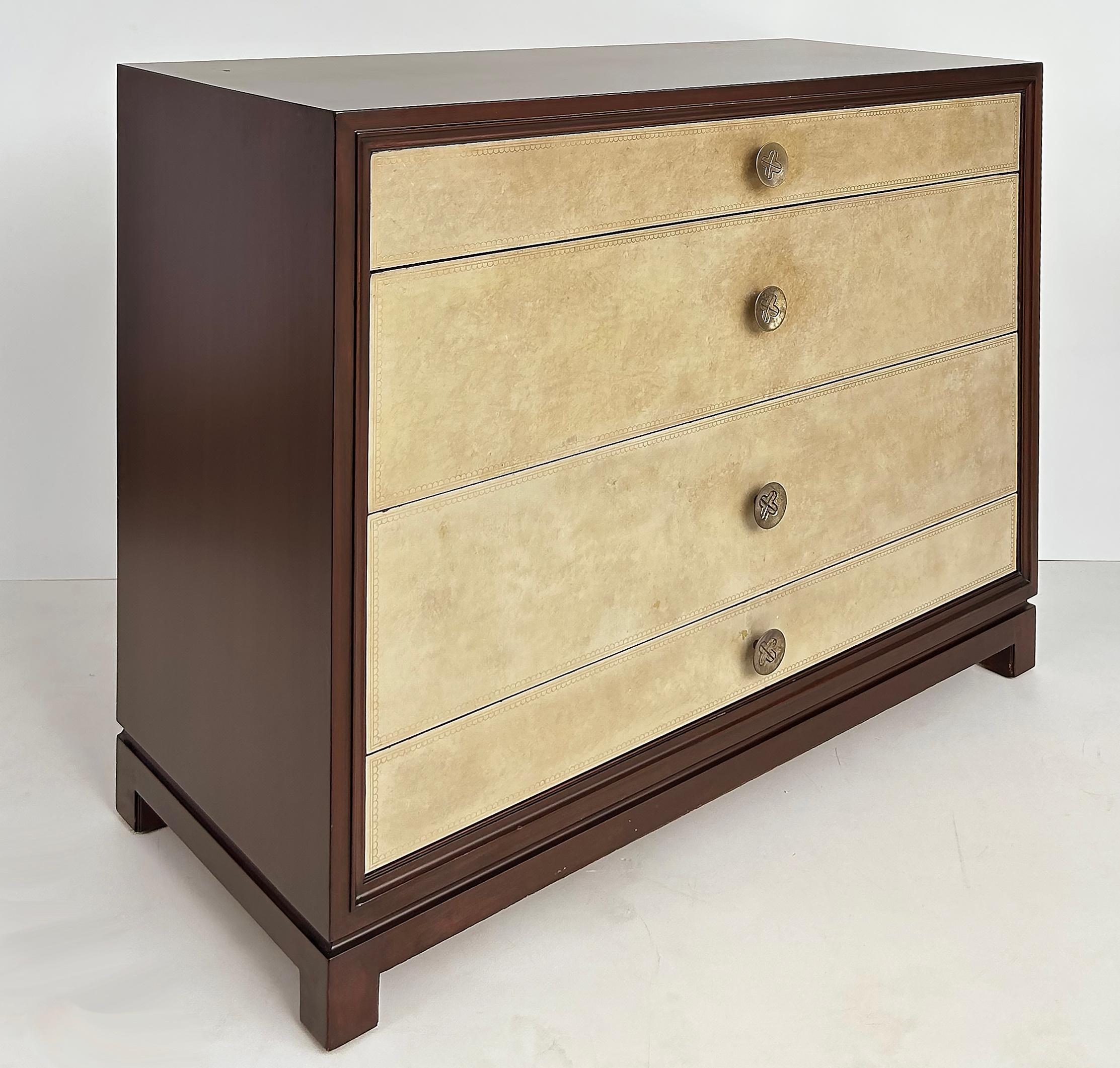 Tommi Parzinger Charak Leather Clad Chests of Drawers, pair Circa 1950

Offered for sale is an elegant pair of leather clad chests of drawers by Tommi Parziner for Charak Furniture. The leather drawer fronts are in unusually good condition with only
