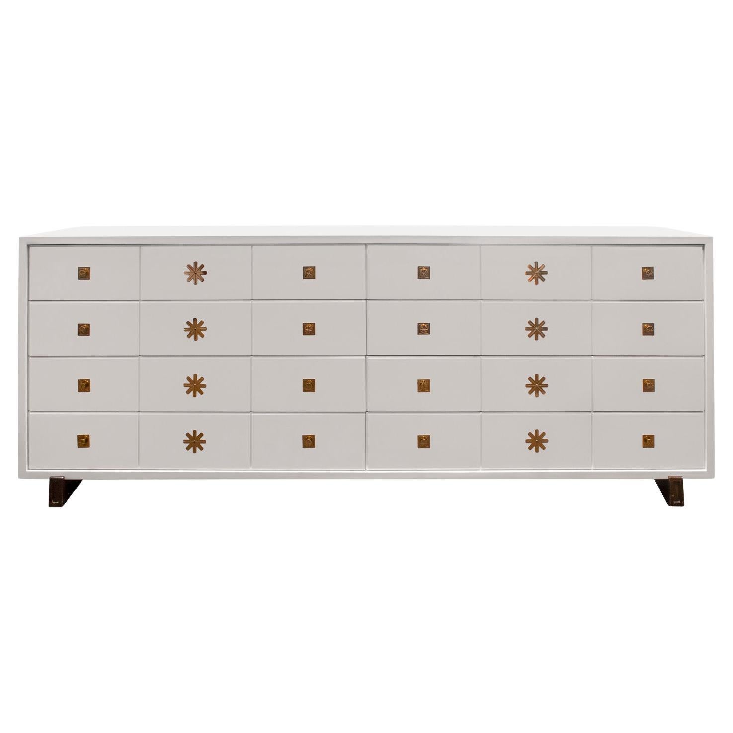 Tommi Parzinger Chest of Drawers in White Lacquer with Brass Pulls 1950s, Signed