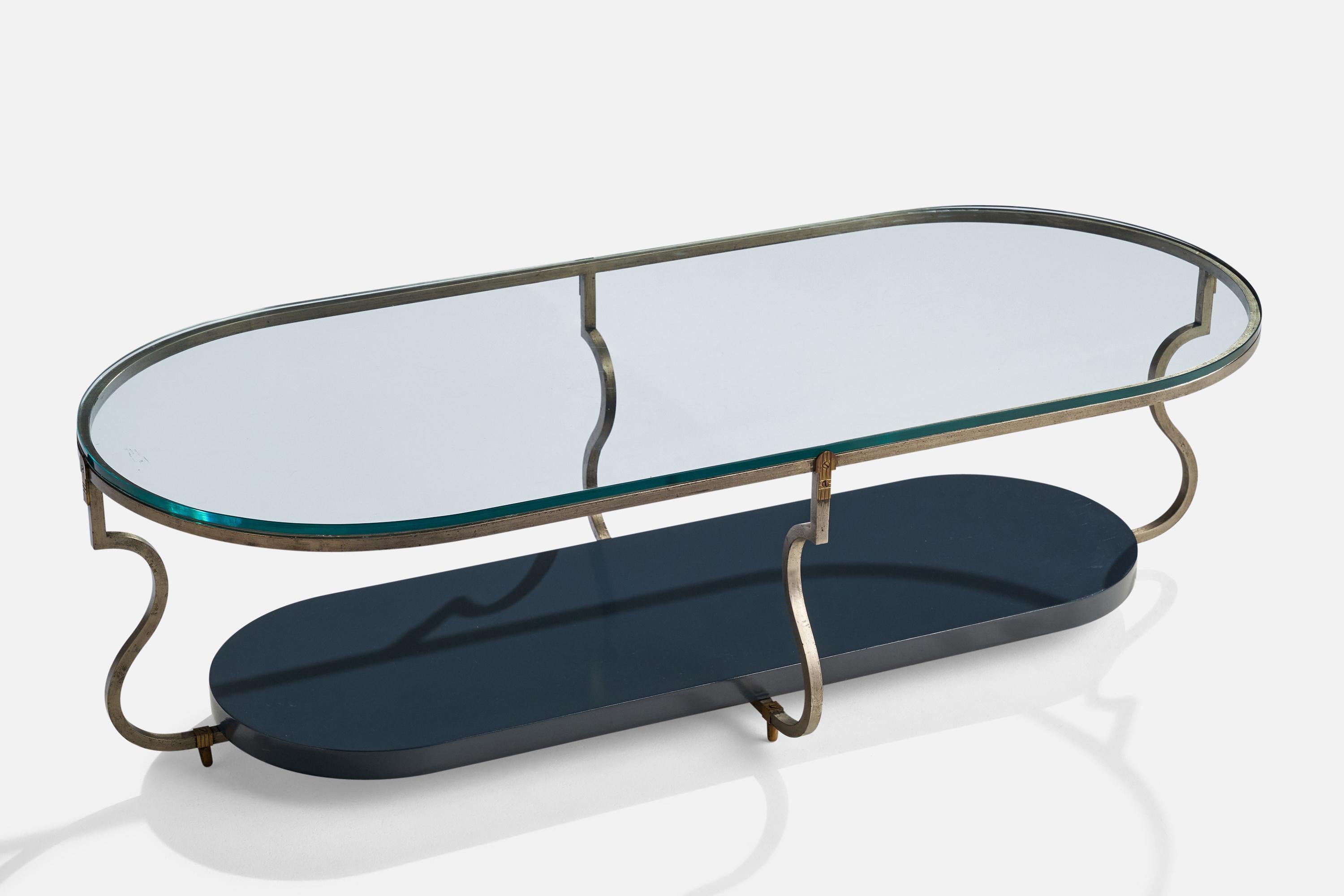 A steel, glass and blue-lacquered wood coffee table designed by Tommi Parzinger and produced by Parzinger Originals, USA, 1950s.