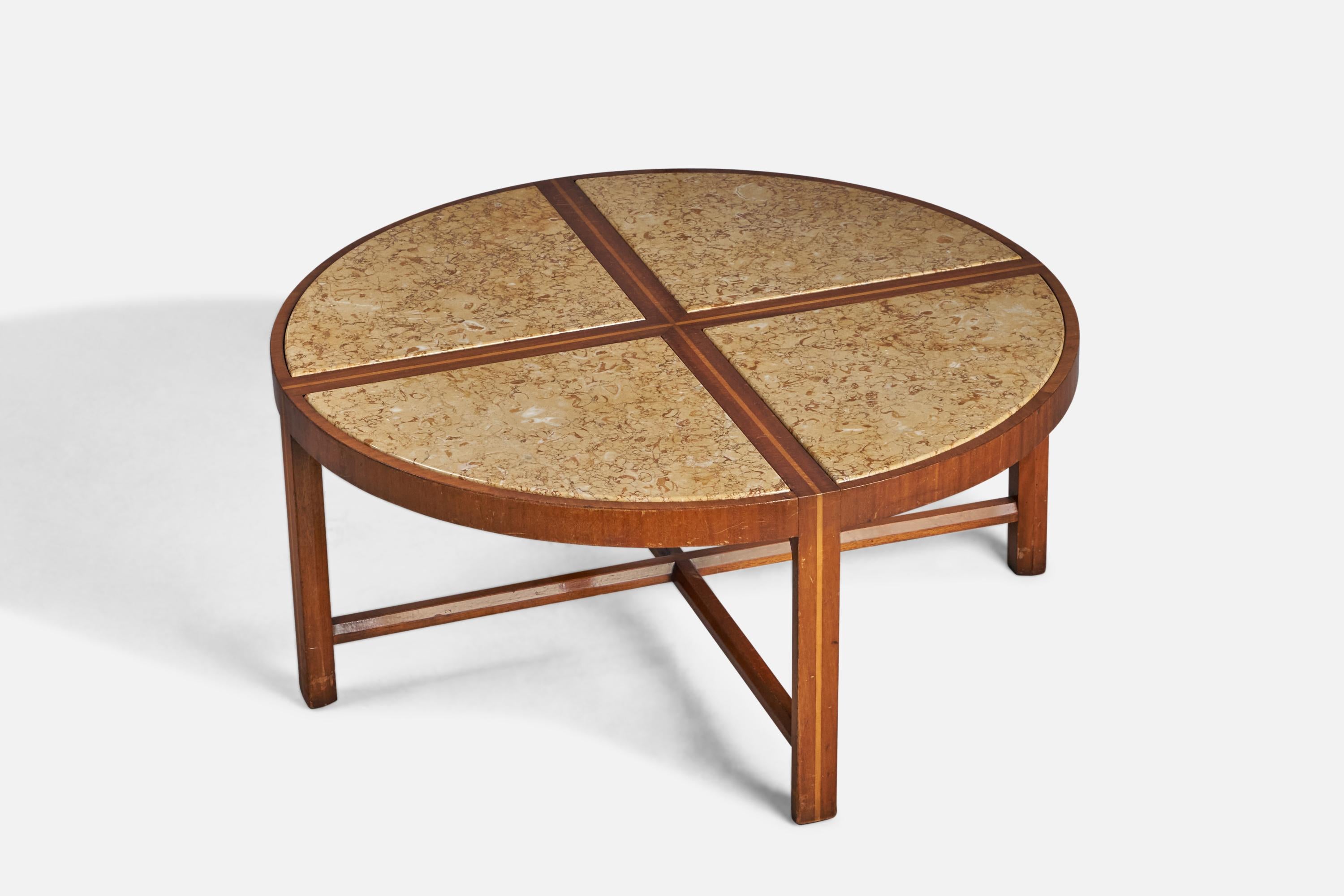 A walnut and beige travertine coffee table with light wood inlays, designed by Tommi Parzinger and produced by Charak Modern, USA, 1950s.
 