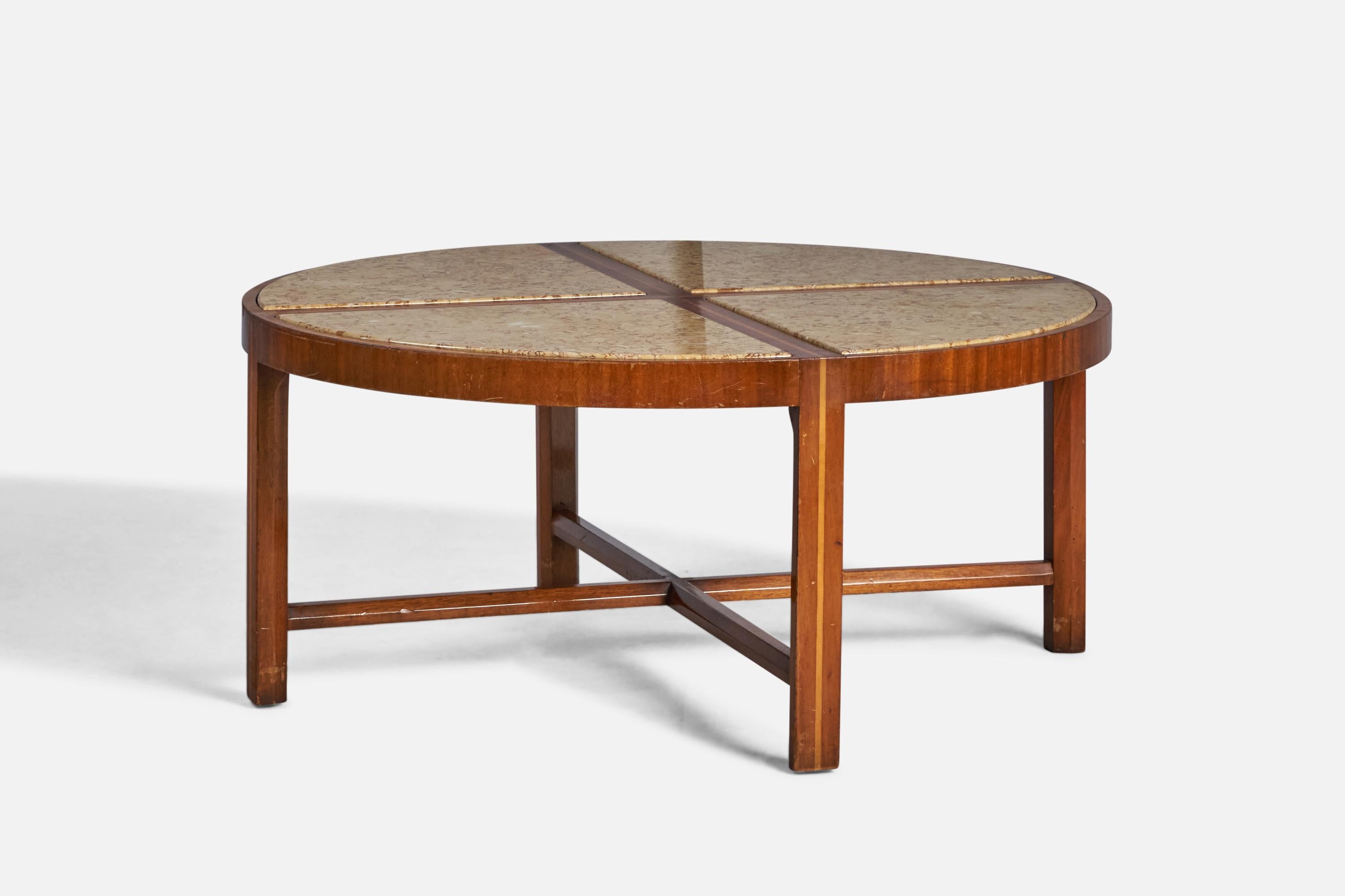 Mid-Century Modern Tommi Parzinger, table basse, noyer, travertin, États-Unis, années 1950 en vente