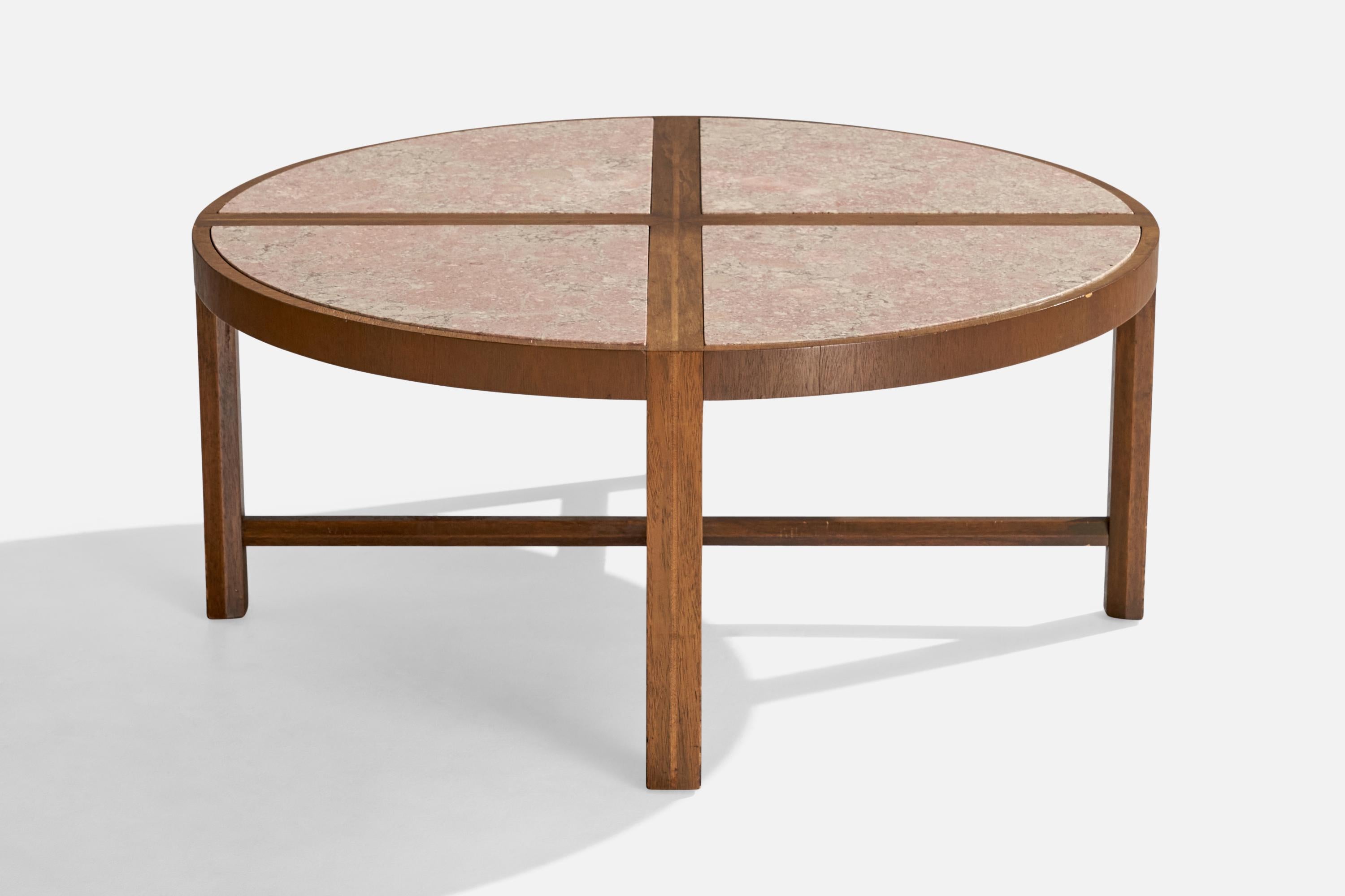 American Tommi Parzinger, Coffee Table, Walnut, Travertine, USA, 1950s For Sale