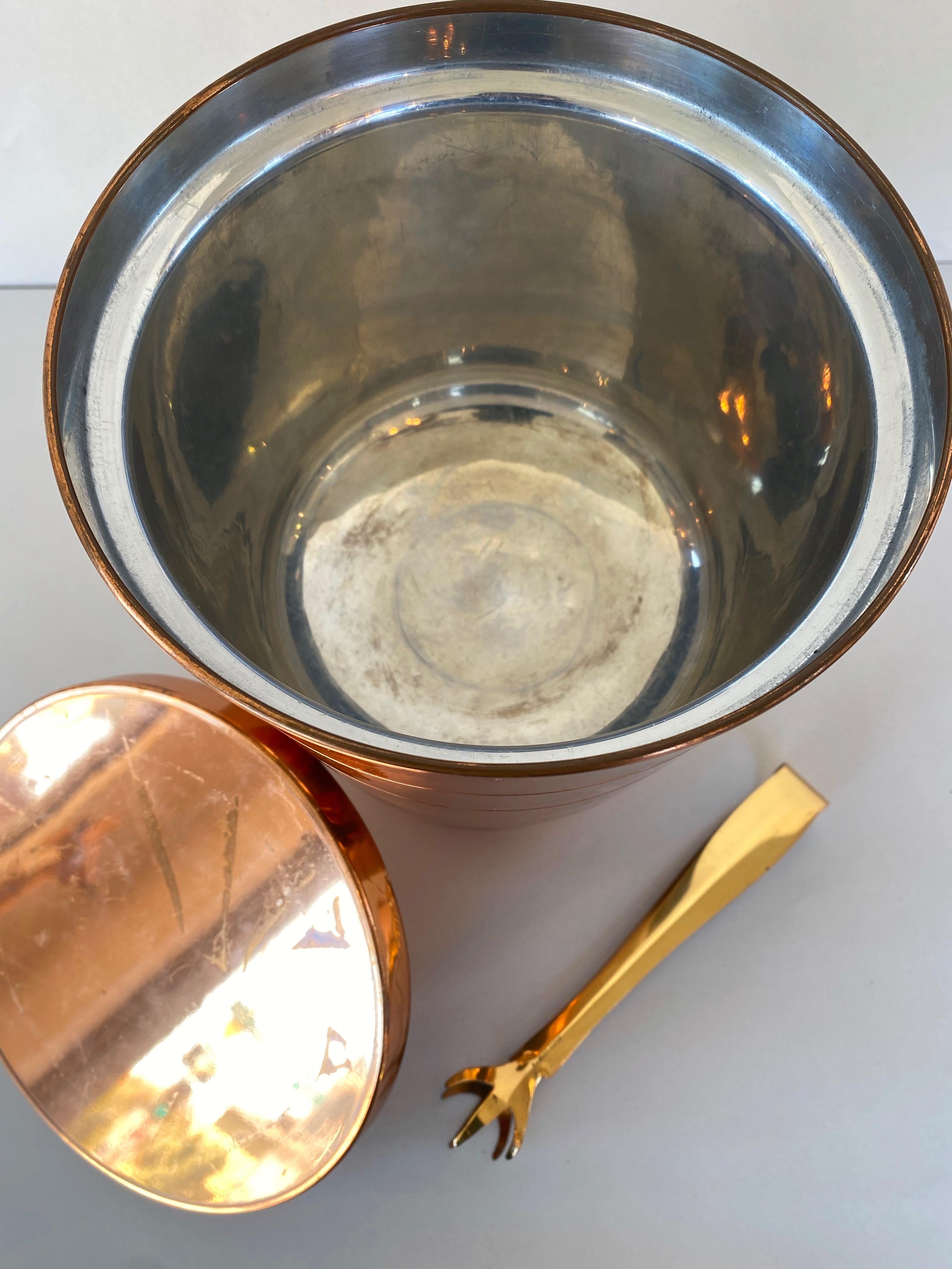 Tommi Parzinger Copper Ice Bucket or Champagne Cooler with Tongs, 1950s 5