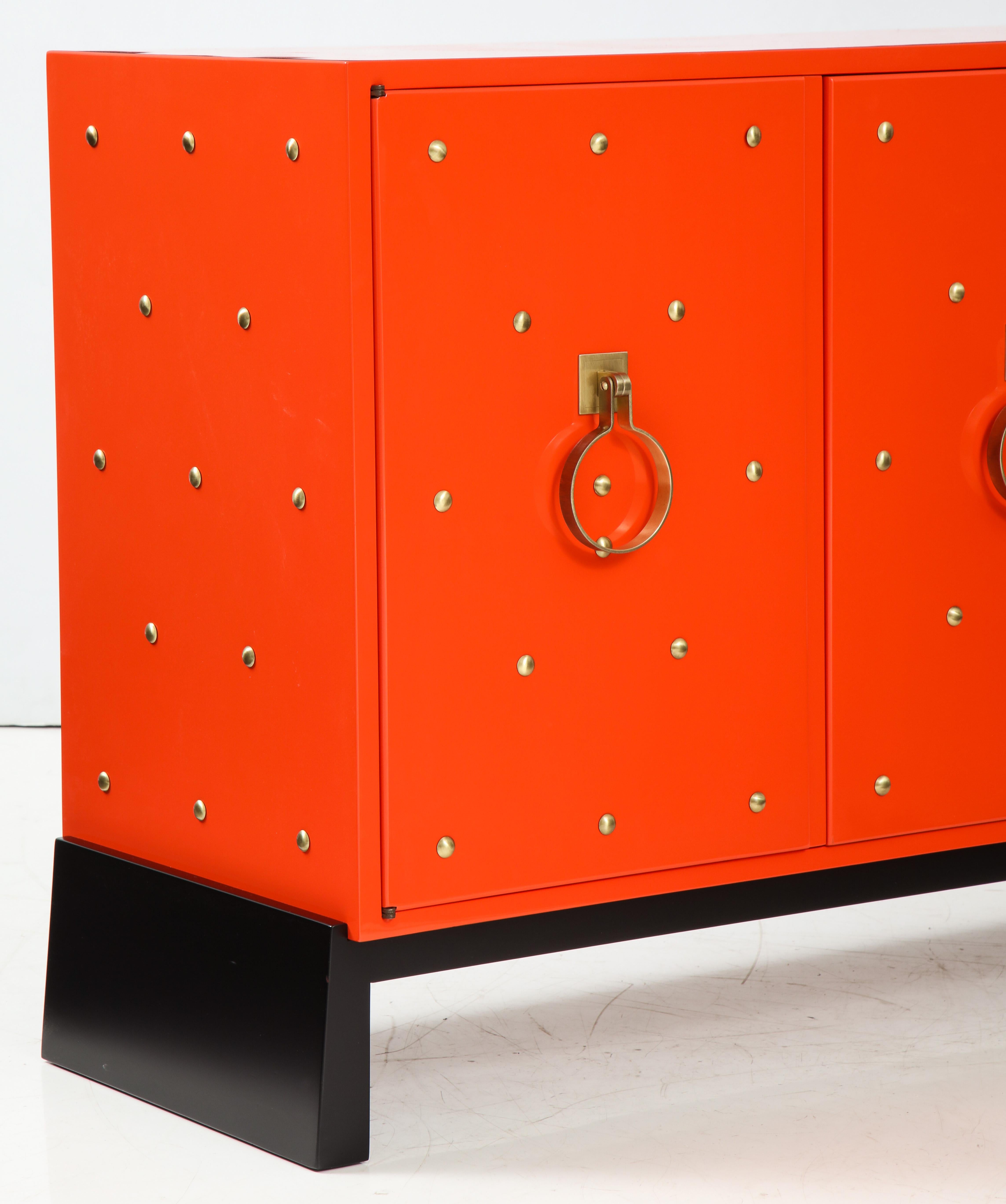 Tommi Parzinger Coral Lacquer Studded Credenza In Excellent Condition In New York, NY