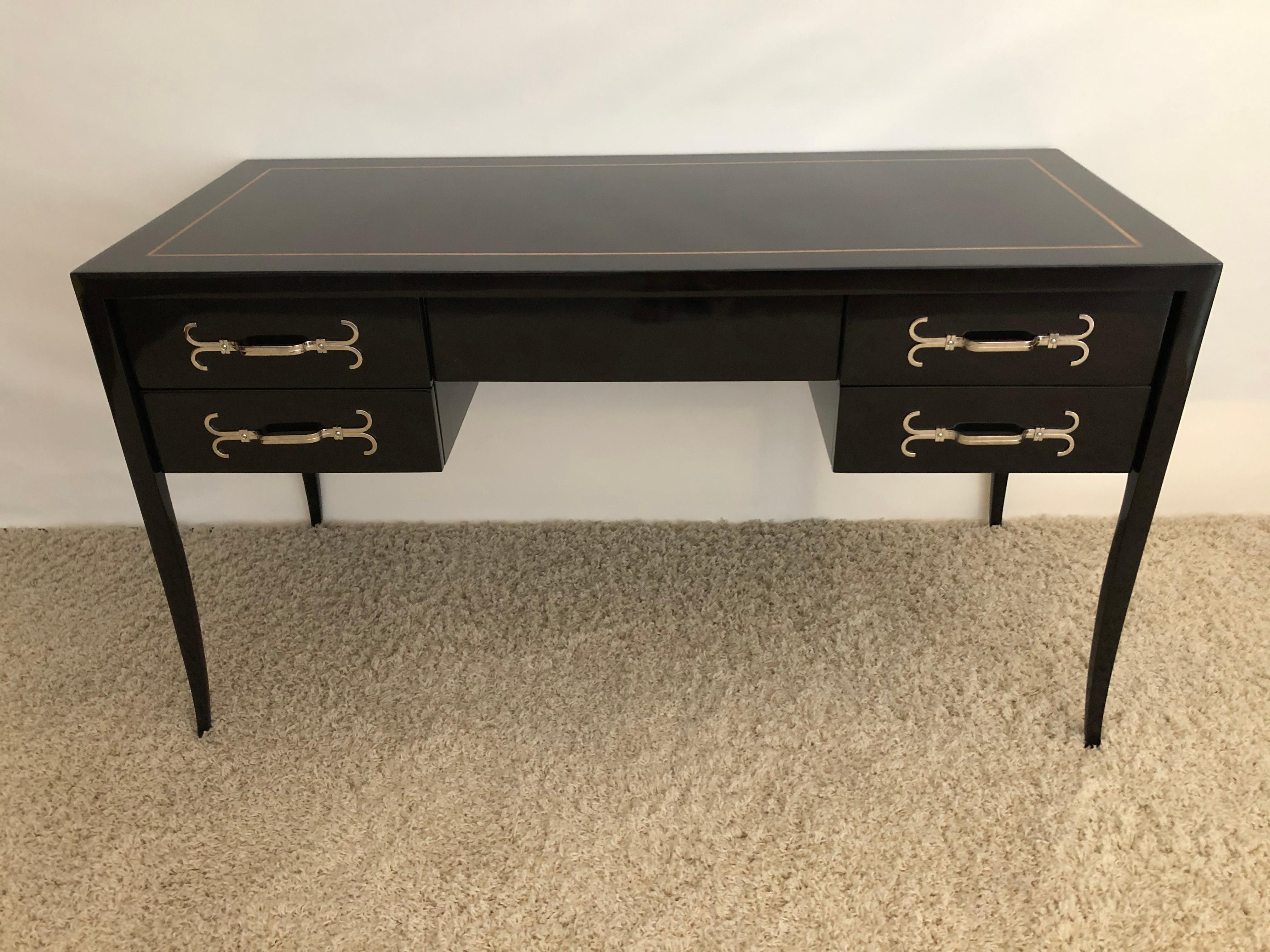 Mid-Century Modern Tommi Parzinger Dark Walnut Holly-Wood Inlaid Desk/Vanity Nickel Pulls