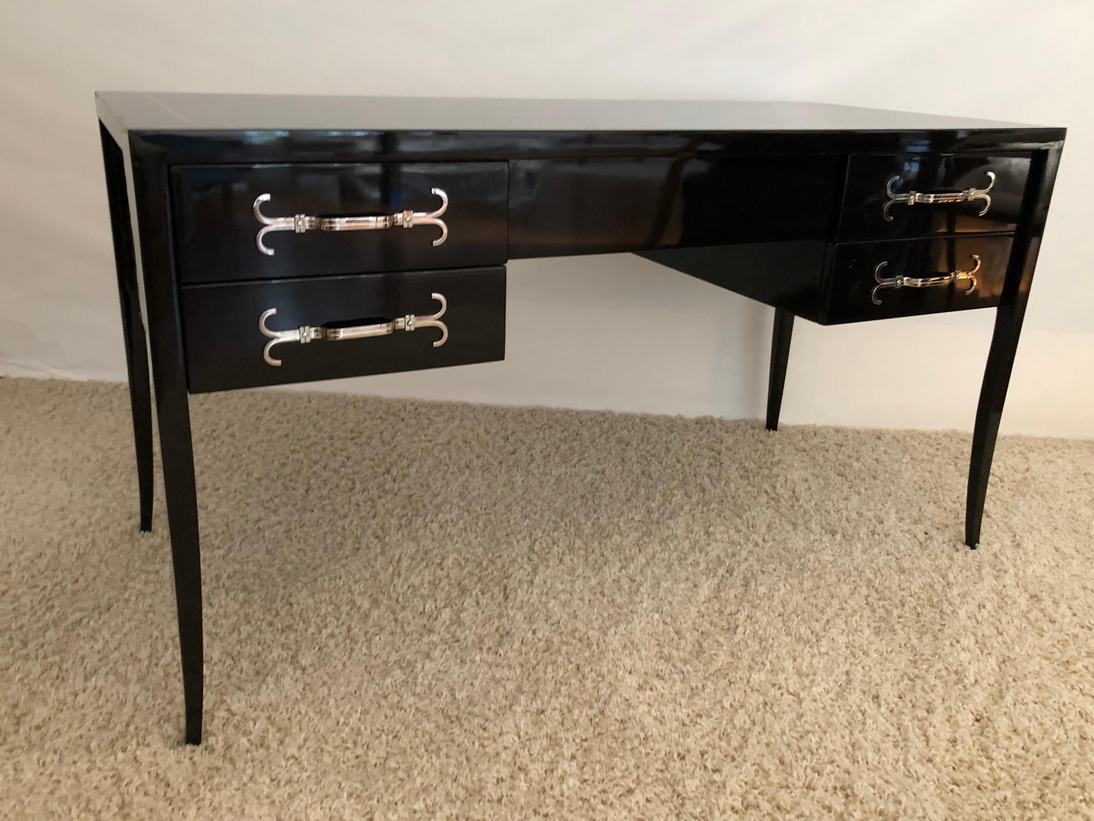 Tommi Parzinger Dark Walnut Holly-Wood Inlaid Desk/Vanity Nickel Pulls In Excellent Condition In Westport, CT