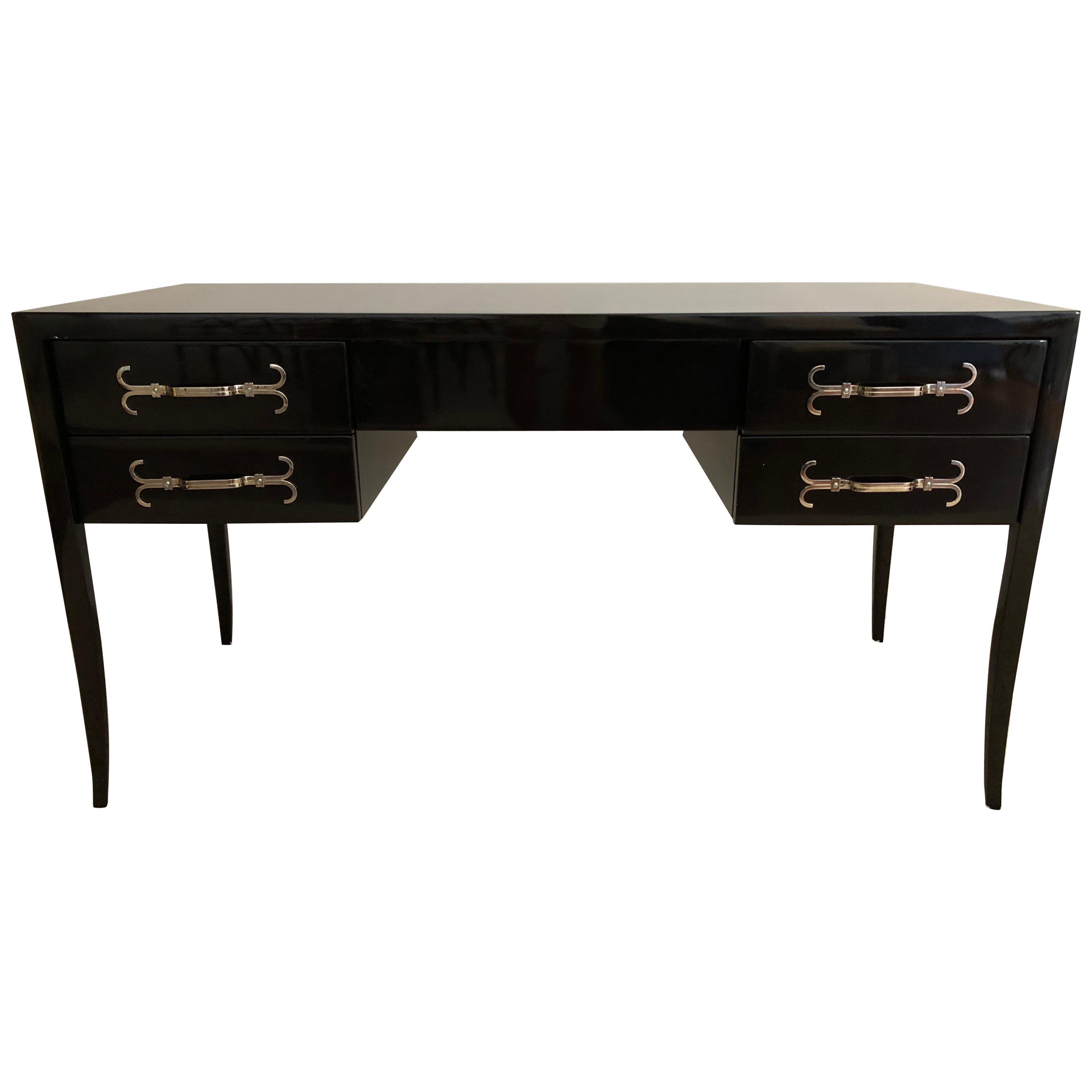 Tommi Parzinger Dark Walnut Holly-Wood Inlaid Desk/Vanity Nickel Pulls