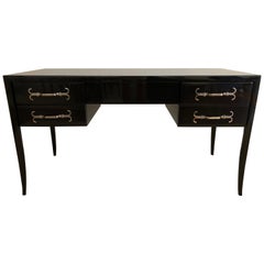 Tommi Parzinger Dark Walnut Holly-Wood Inlaid Desk/Vanity Nickel Pulls