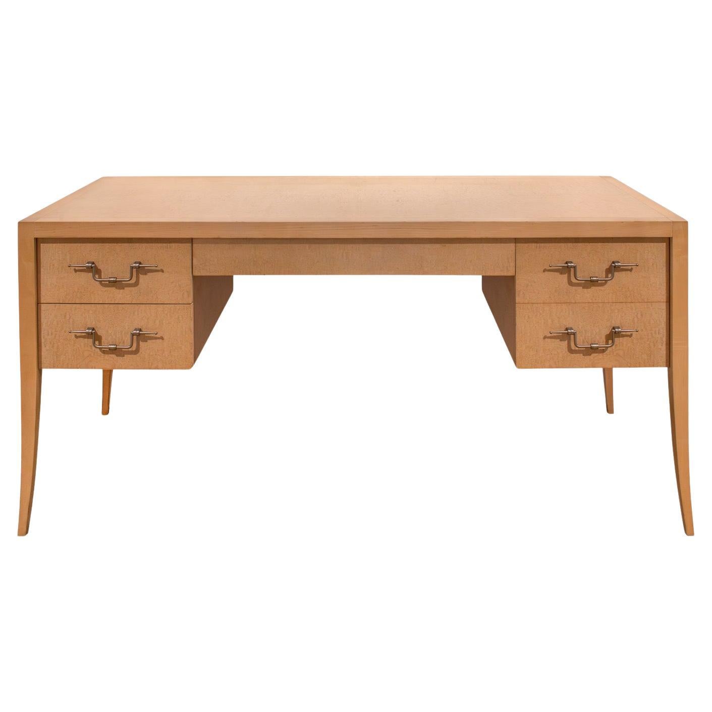 Tommi Parzinger Desk in White Ash with Engraved Brass Pulls 1960s (Signed)