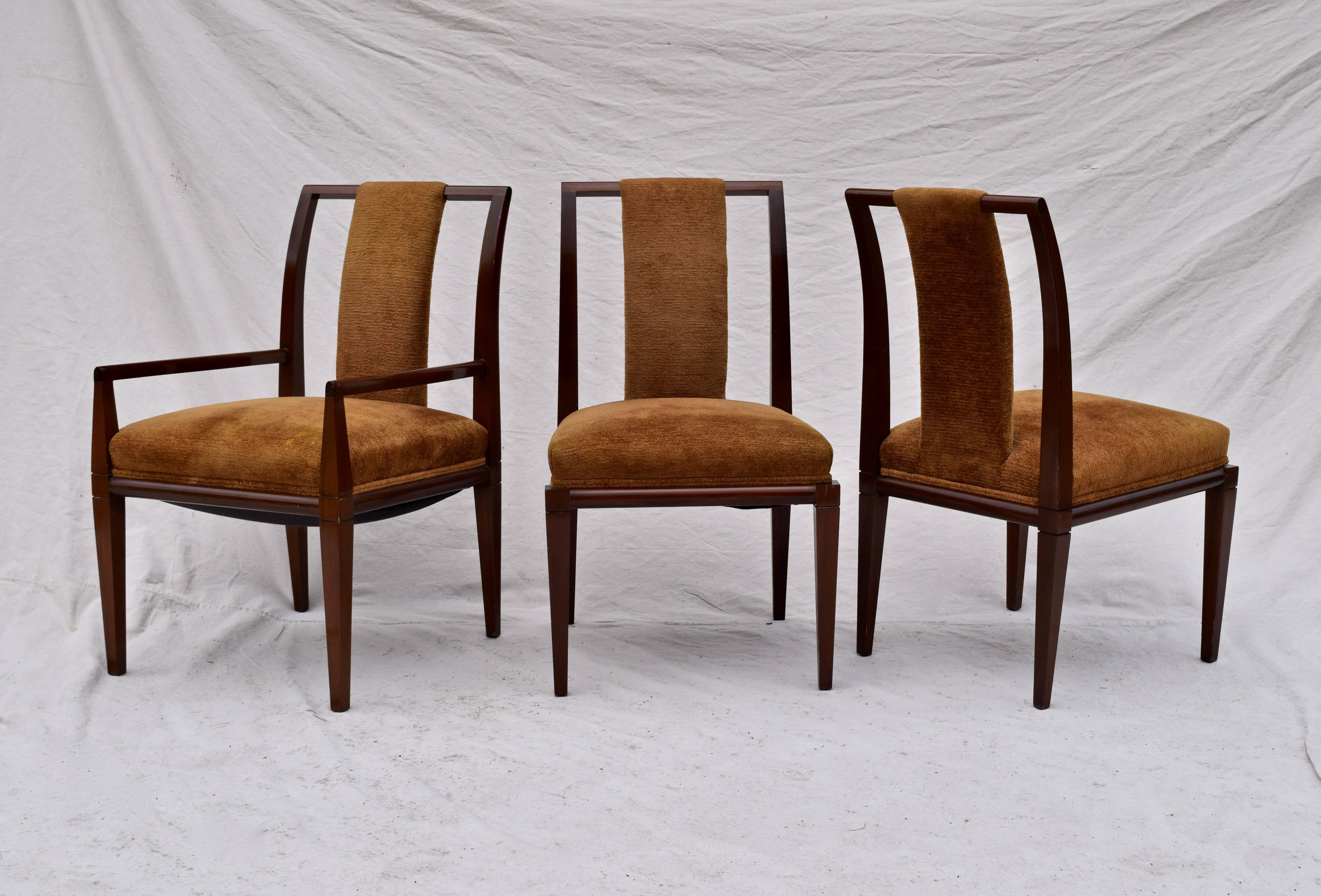 Tommi Parzinger dining chairs in walnut with brown chenille fabric. Six chairs two armed four arm-less. Wood is all original finish.
