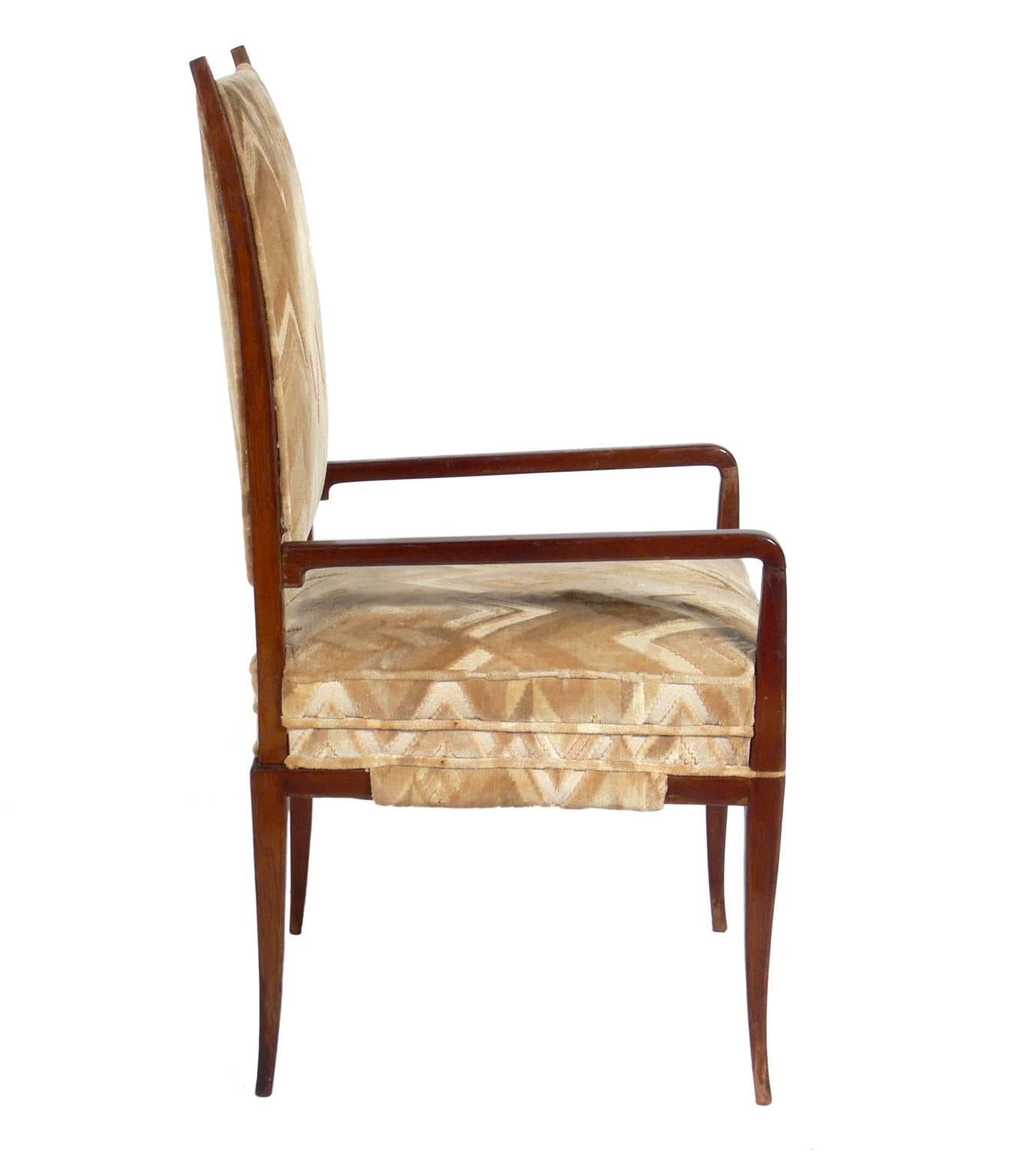Set of eight dining chairs, designed by Tommi Parzinger, American, circa 1950s. These chairs are in the process of being refinished and reupholstered and can be completed in your choice of color and in your fabric. The price noted below INCLUDES