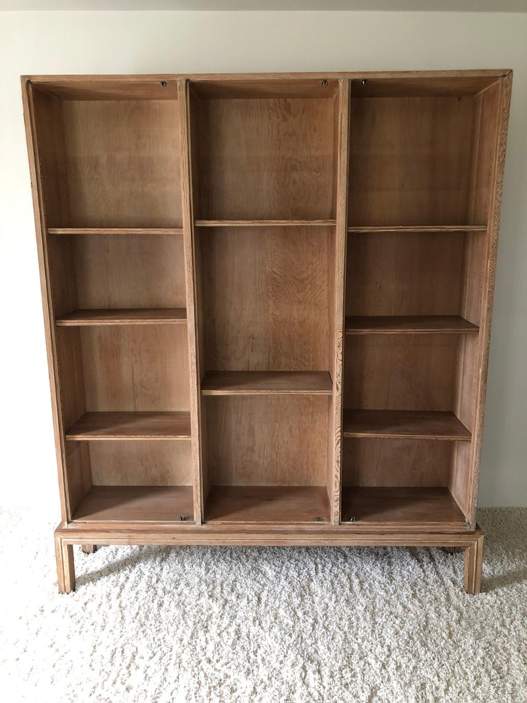 Tommi Parzinger Early Important Tall Bookcase Limed Sawed Oak Cane Door For Sale at 1stDibs