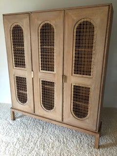 Tommi Parzinger Early Important Tall Cabinet/ Bookcase Limed Sawed Oak Cane Door