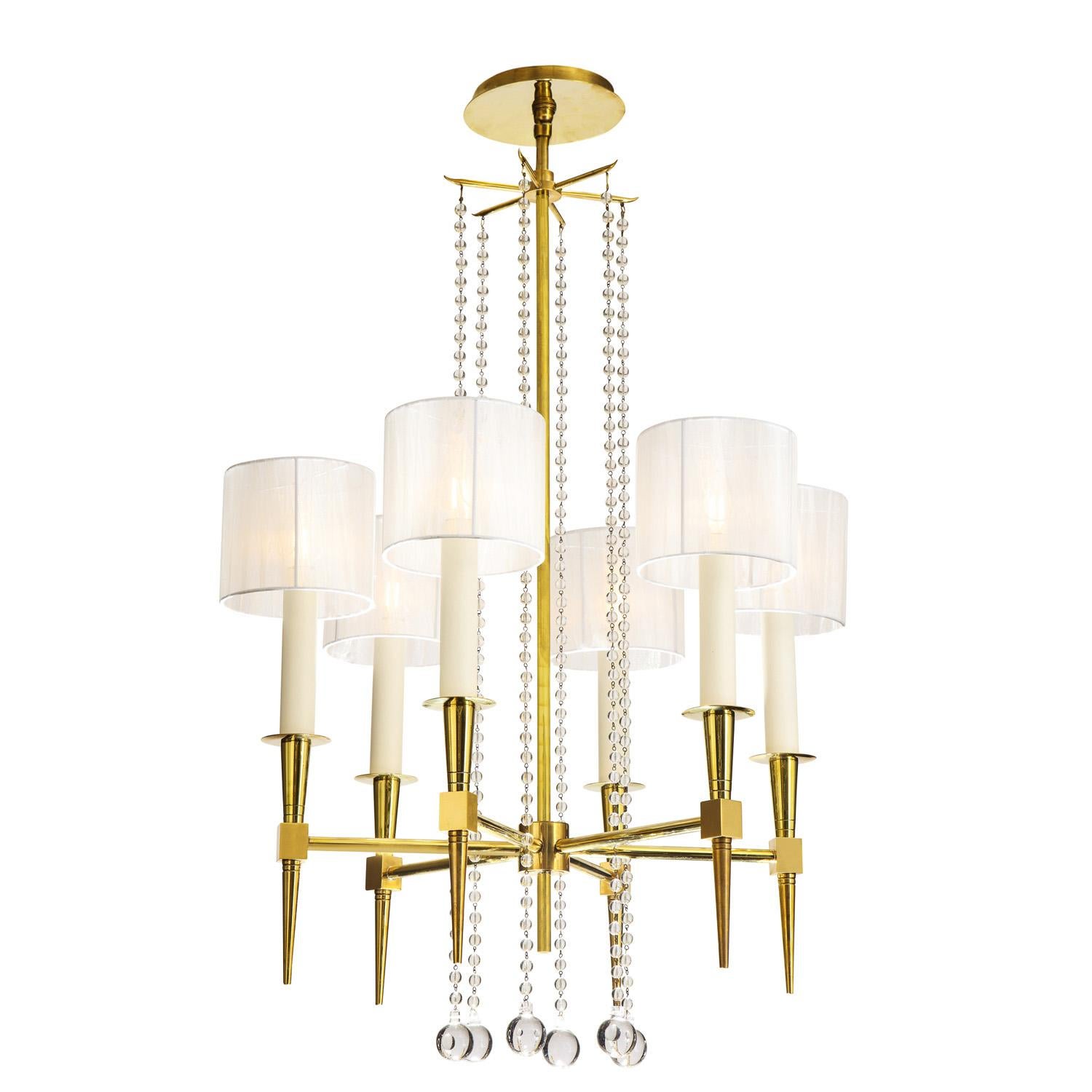 Mid-Century Modern Tommi Parzinger Elegant 6 Arm Chandelier in Brass and Crystal 1950s For Sale
