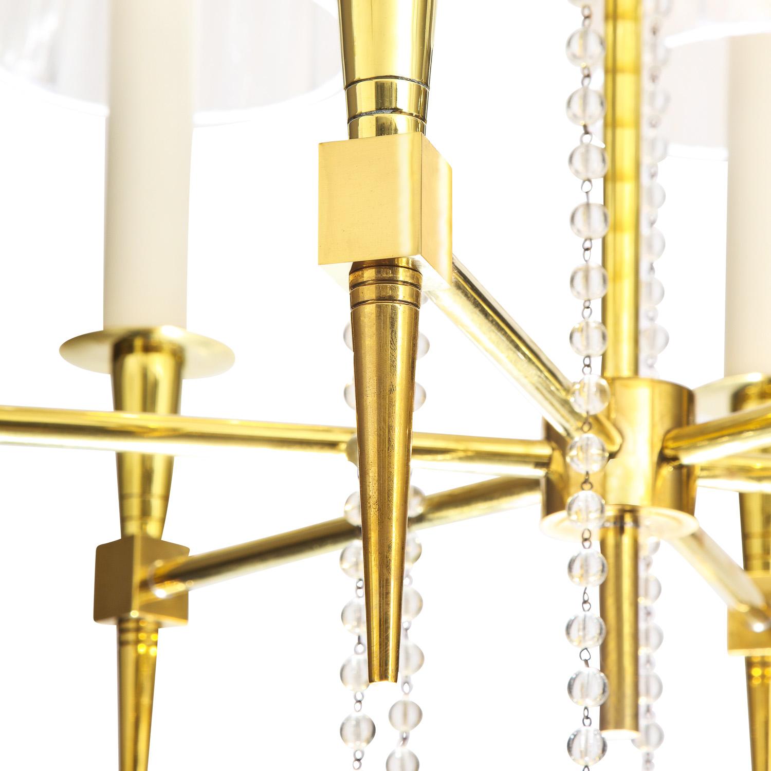 American Tommi Parzinger Elegant 6 Arm Chandelier in Brass and Crystal 1950s For Sale