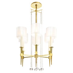 Vintage Tommi Parzinger Elegant 6 Arm Chandelier in Brass and Crystal 1950s