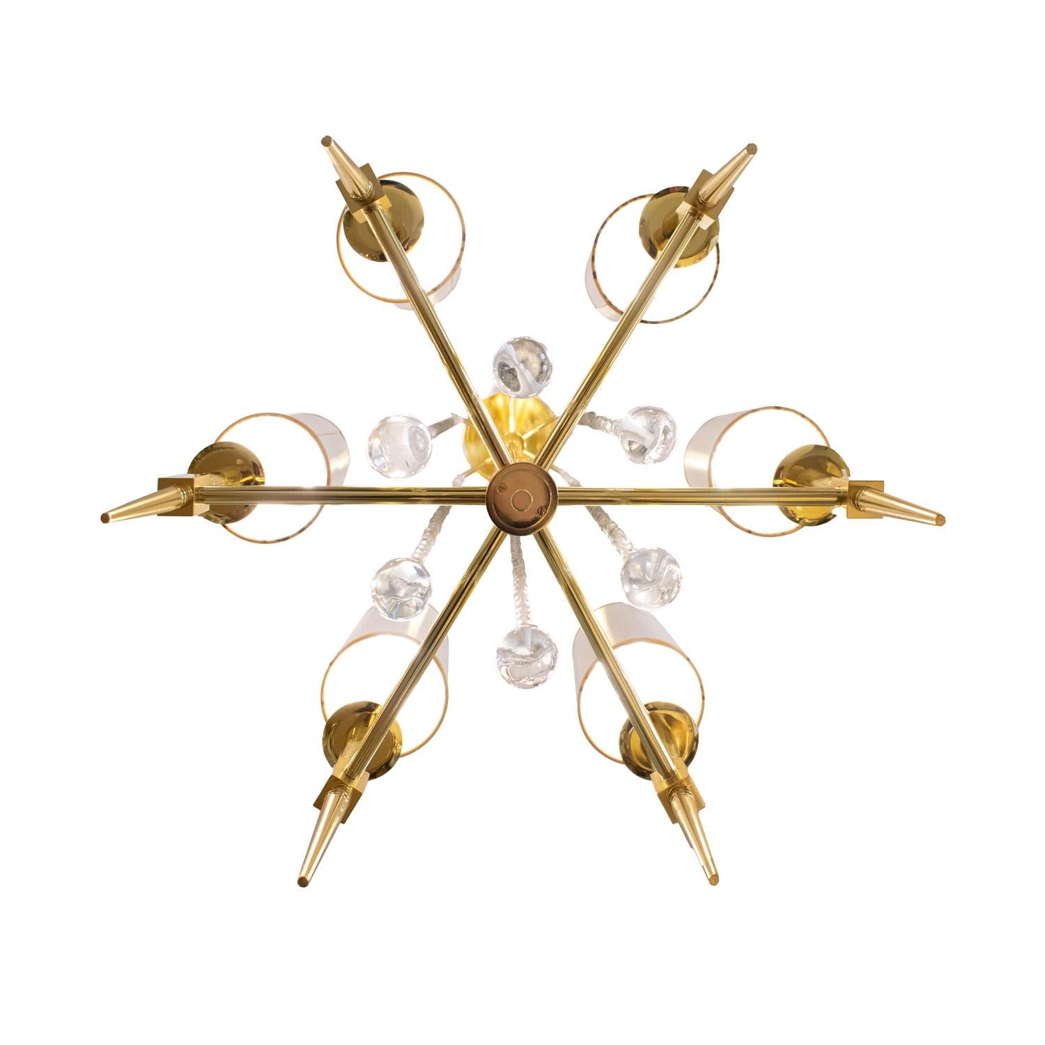 Mid-Century Modern Tommi Parzinger Elegant 6 Arm Chandelier in Brass with Crystal Beads 1950s For Sale