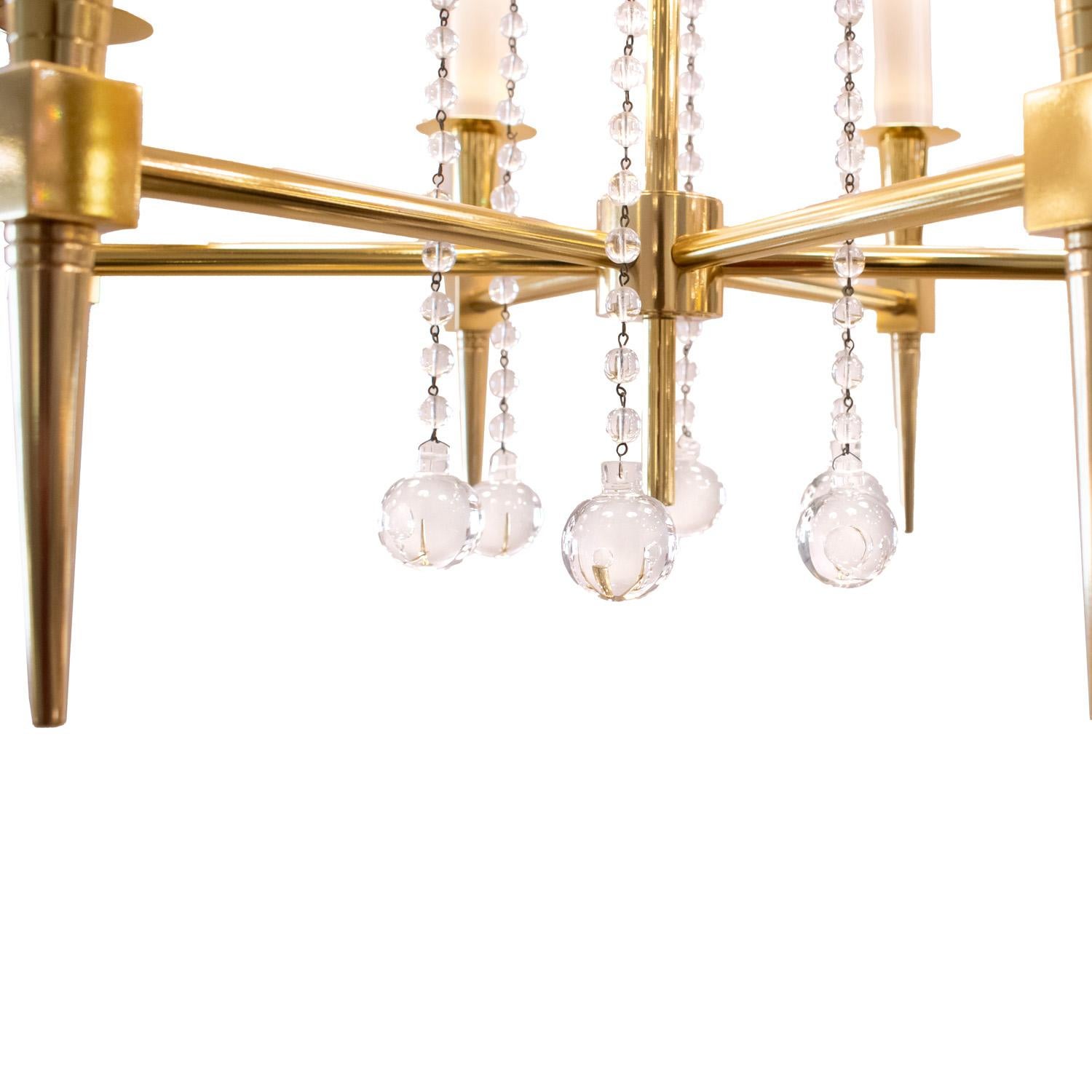 American Tommi Parzinger Elegant 6 Arm Chandelier in Brass with Crystal Beads 1950s For Sale