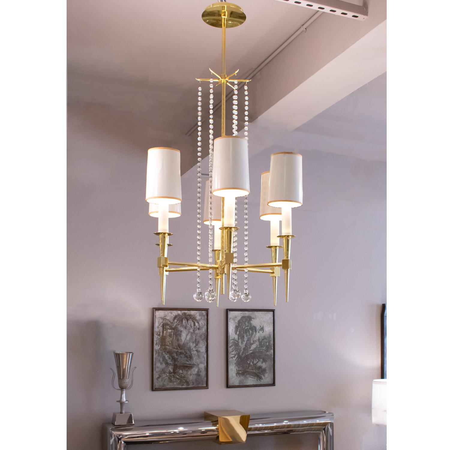 Mid-20th Century Tommi Parzinger Elegant 6 Arm Chandelier in Brass with Crystal Beads 1950s For Sale