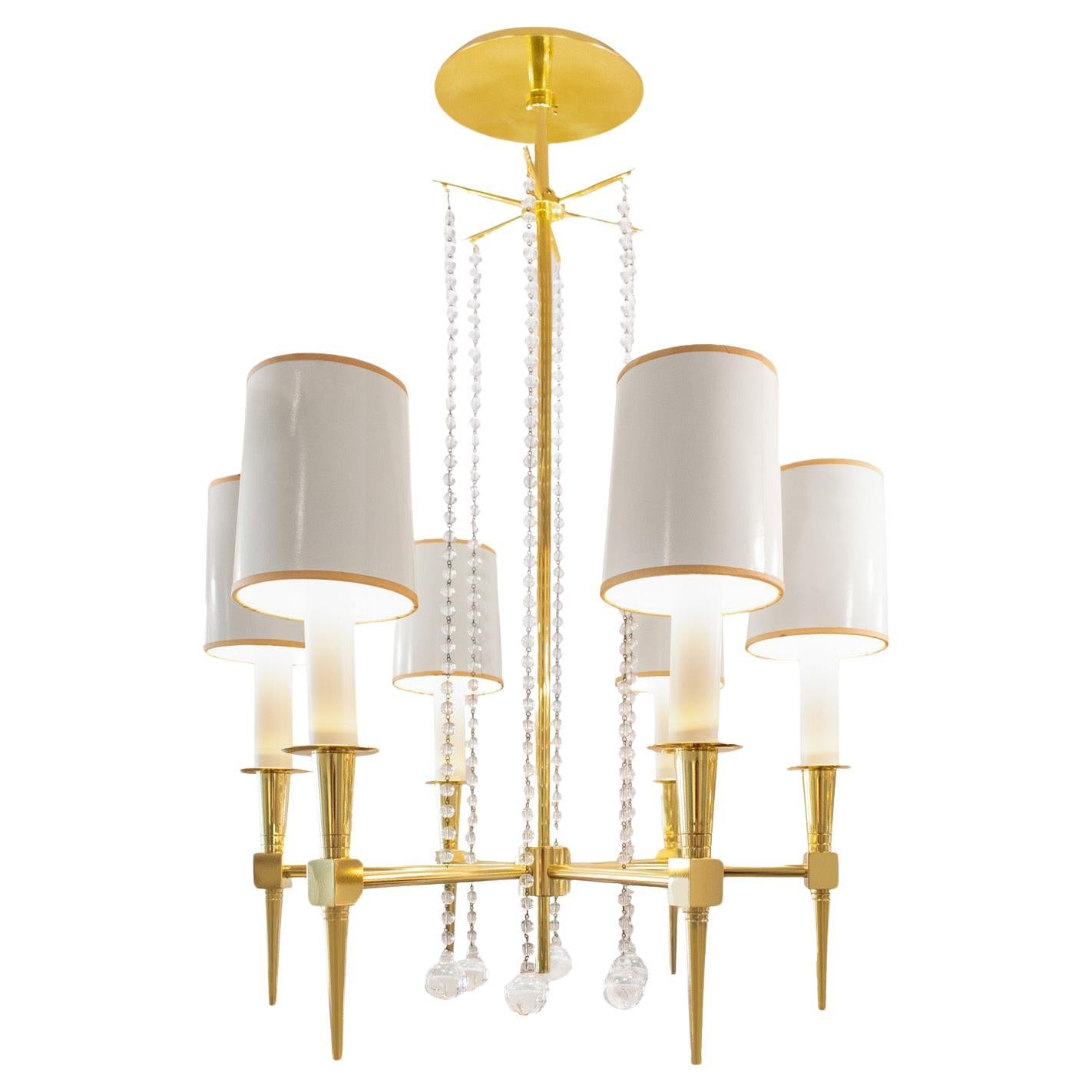 Tommi Parzinger Elegant 6 Arm Chandelier in Brass with Crystal Beads 1950s For Sale