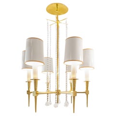 Tommi Parzinger Elegant 6 Arm Chandelier in Brass with Crystal Beads 1950s