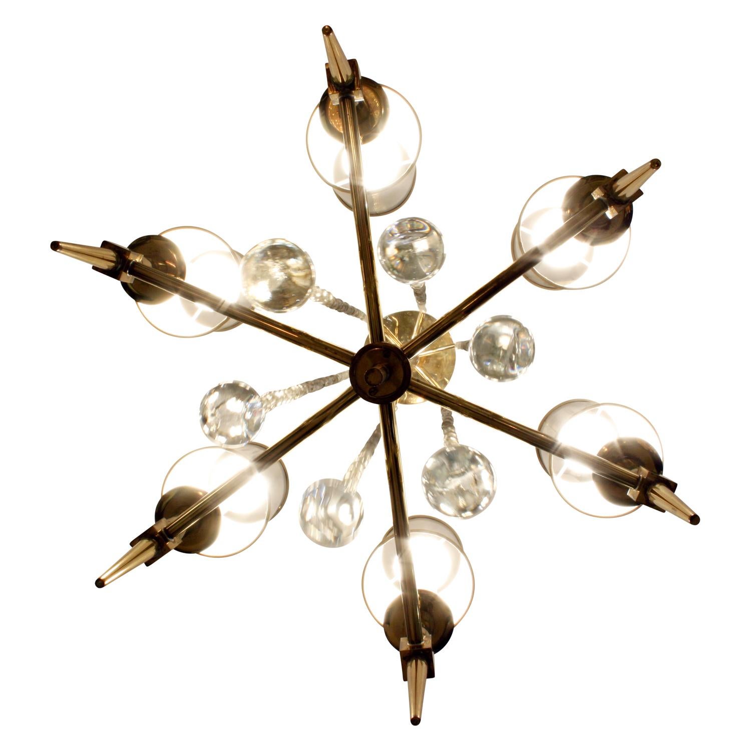 Hand-Crafted Tommi Parzinger Elegant 6-Arm Chandelier with Crystal Balls, 1950s