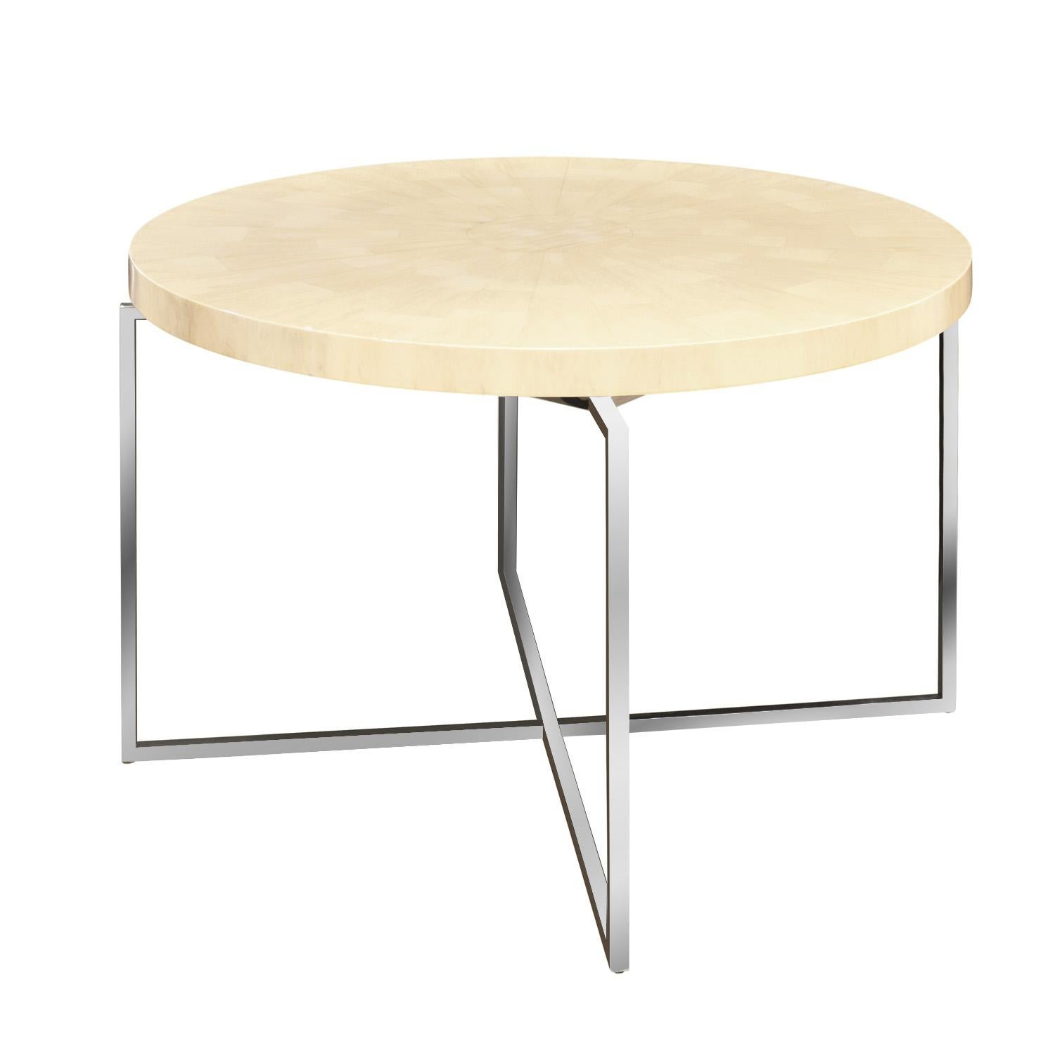 Chic center / game table model 701 with tessellated birch wood top and polished chrome base by Tommi Parzinger for Parzinger Originals, American 1970's. The artisan tessellated top makes a beautiful pie-shape pattern. The chrome base is designed to