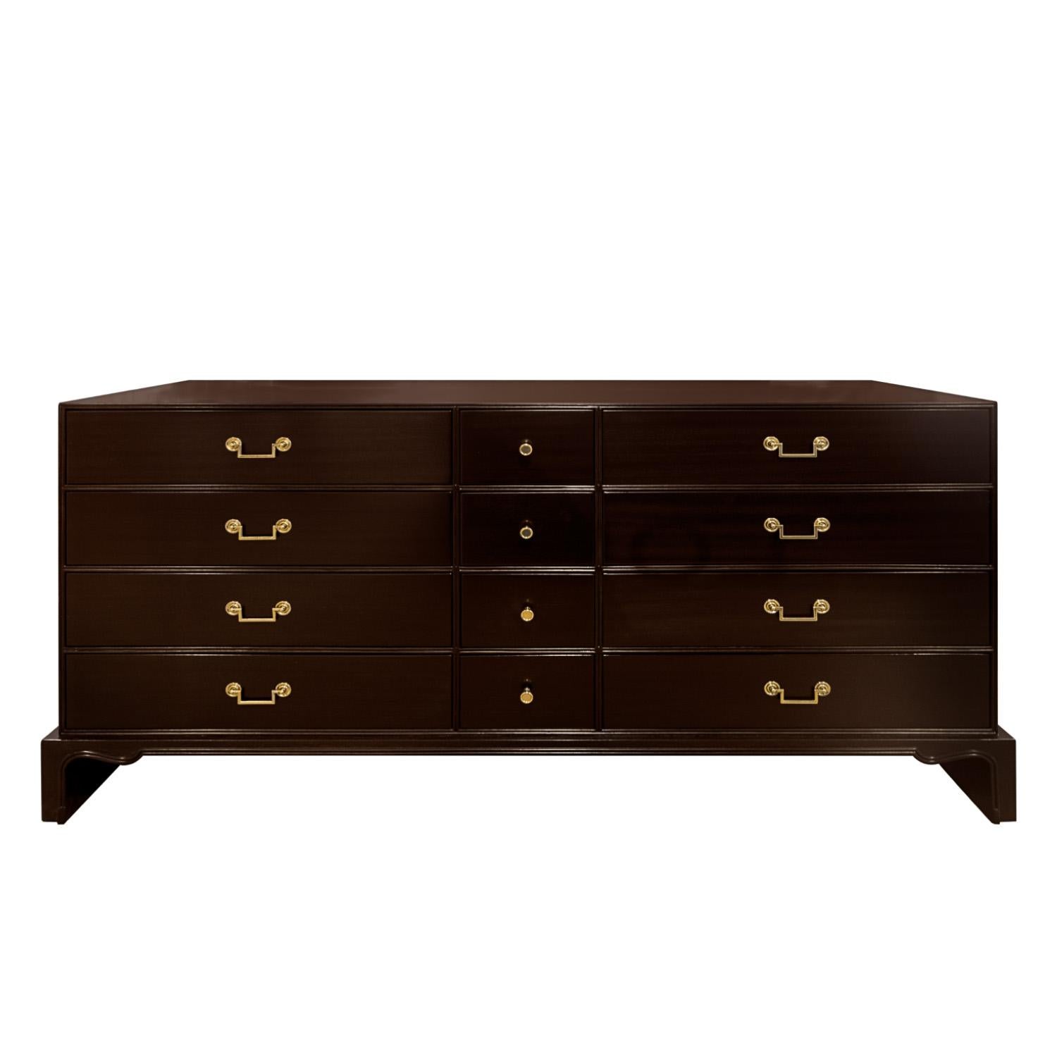 Chest of drawers model TP104 in dark brown mahogany with brass pulls by Tommi Parzinger for Charak Modern, American 1940's (signed 