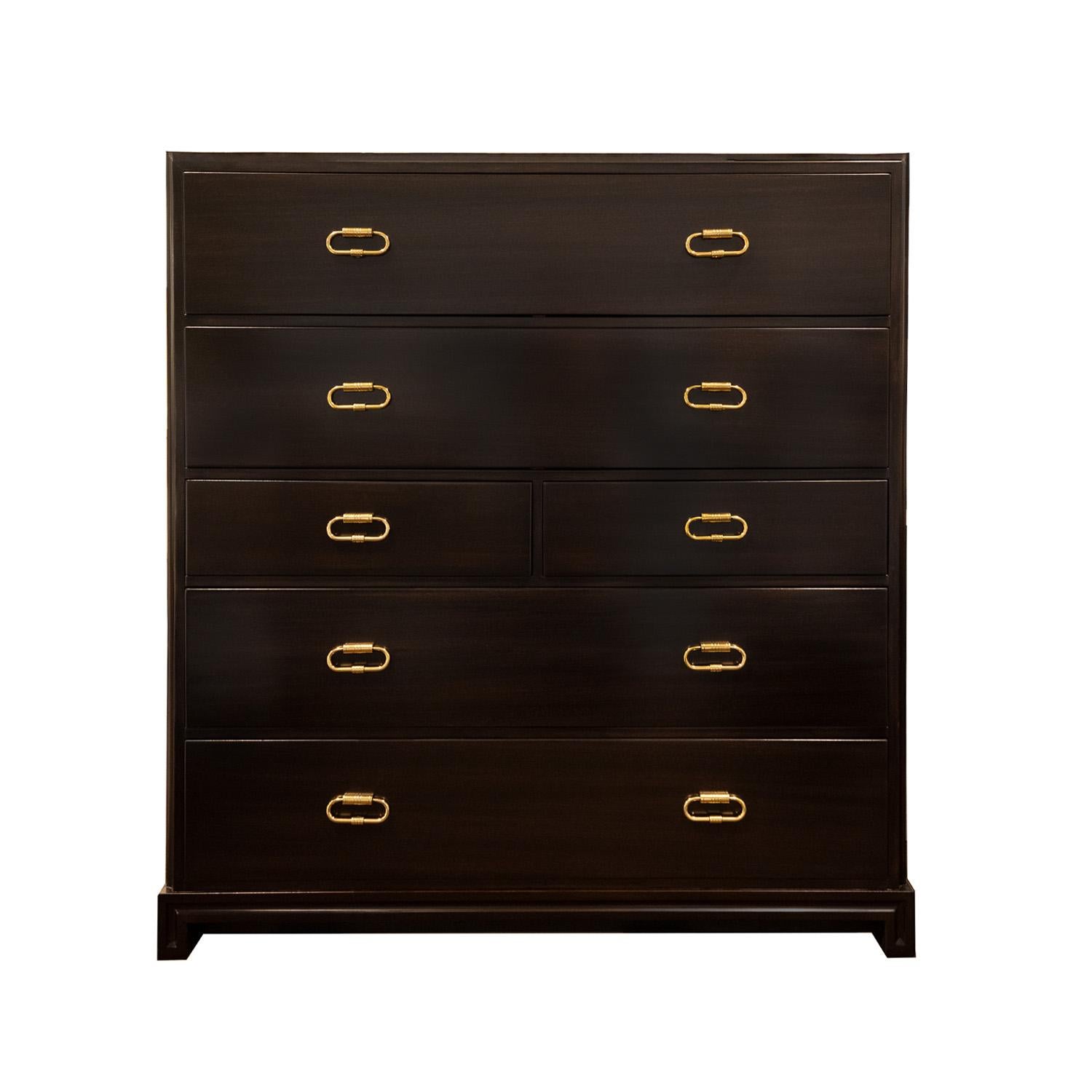 Superbly crafted high chest of drawers in mahogany with etched brass pulls by Tommi Parzinger for Parzinger Originals, American 1950's (signed 