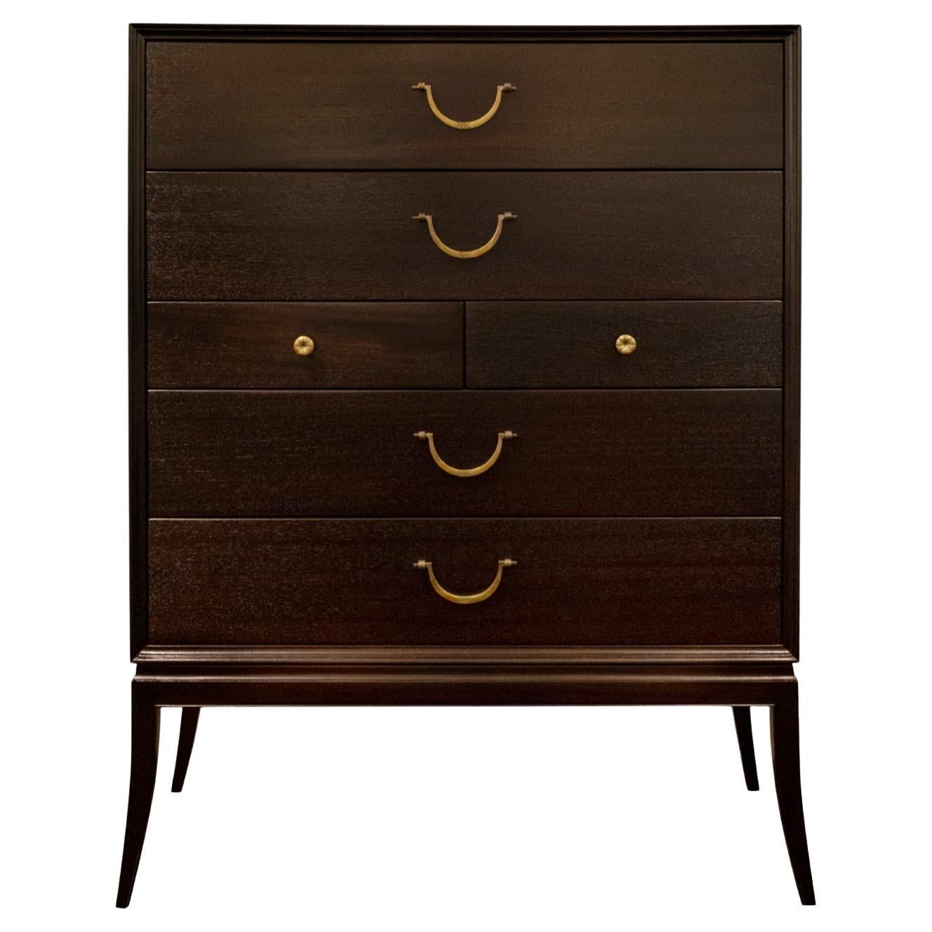 Tommi Parzinger Elegant Chest of Drawers with Etched Brass Pulls 1950s (Signed) For Sale
