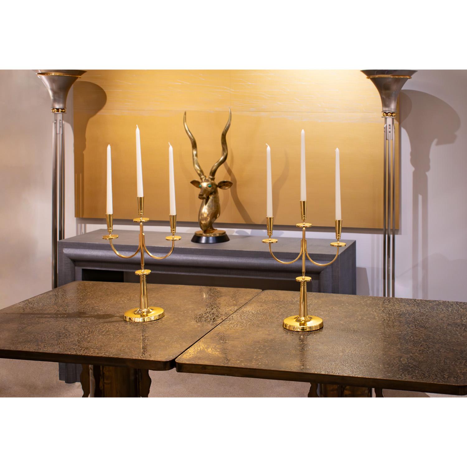 Mid-20th Century Tommi Parzinger Elegant Pair of Brass Candelabra 1950s (Signed) For Sale