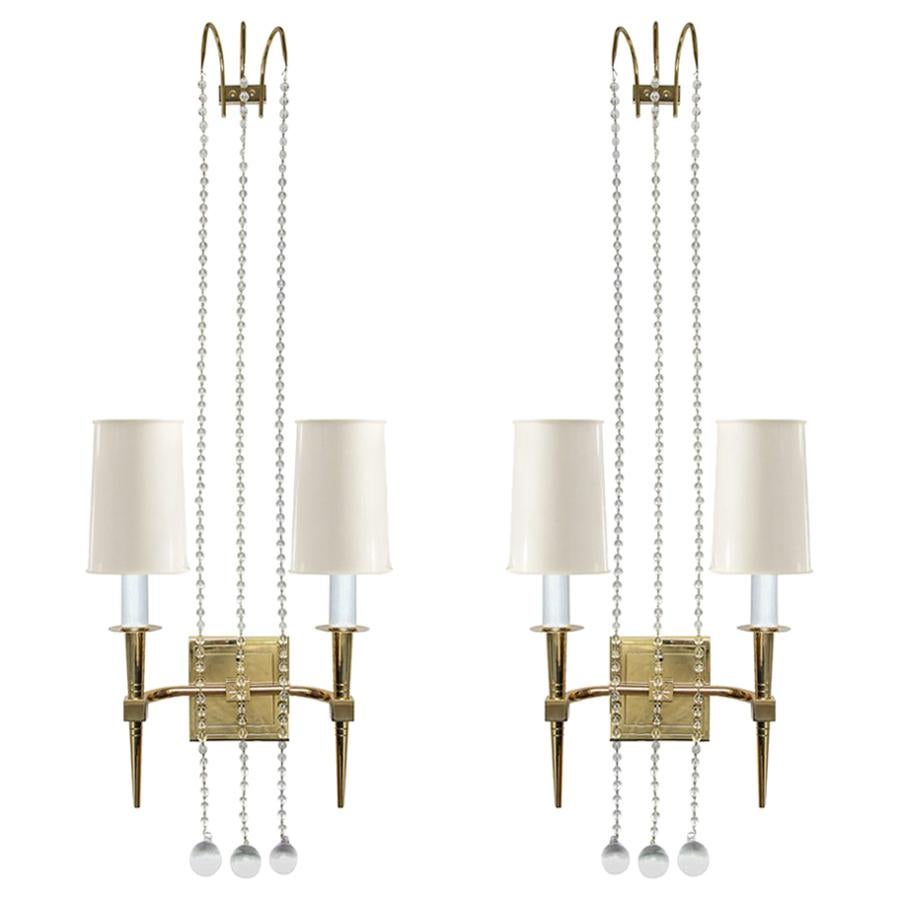 Tommi Parzinger Elegant Pair of Brass Sconces with Crystals, 1950s