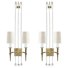 Tommi Parzinger Elegant Pair of Brass Sconces with Crystals, 1950s