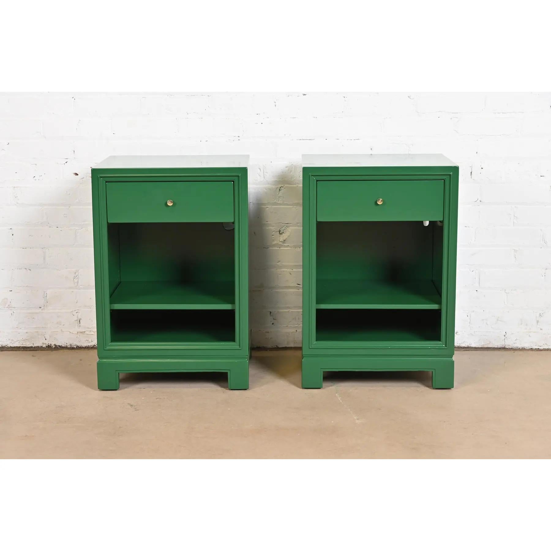Mid-Century Modern Tommi Parzinger for Charak Modern Green Lacquered Nightstands, Newly Refinished