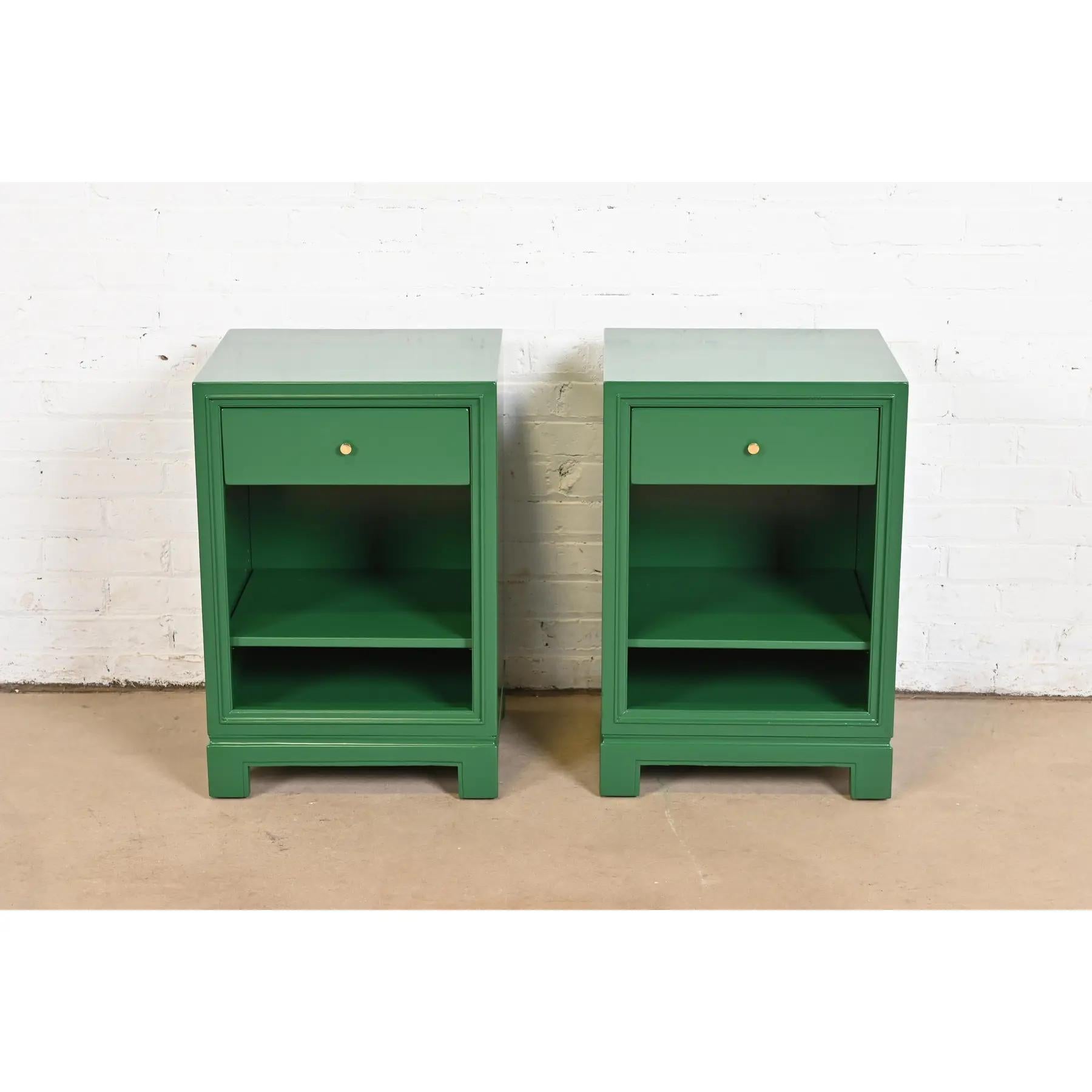 American Tommi Parzinger for Charak Modern Green Lacquered Nightstands, Newly Refinished