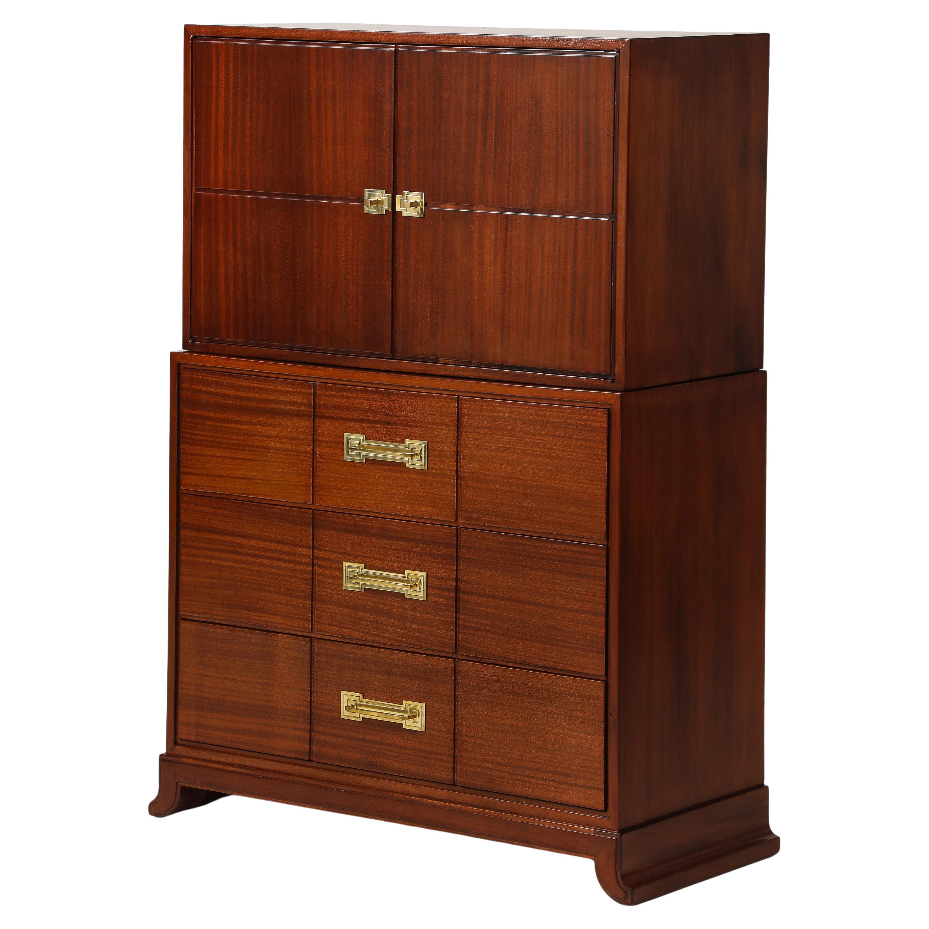 Tommi Parzinger For Charak Modern Mahogany And Brass Tall Chest Of Drawers