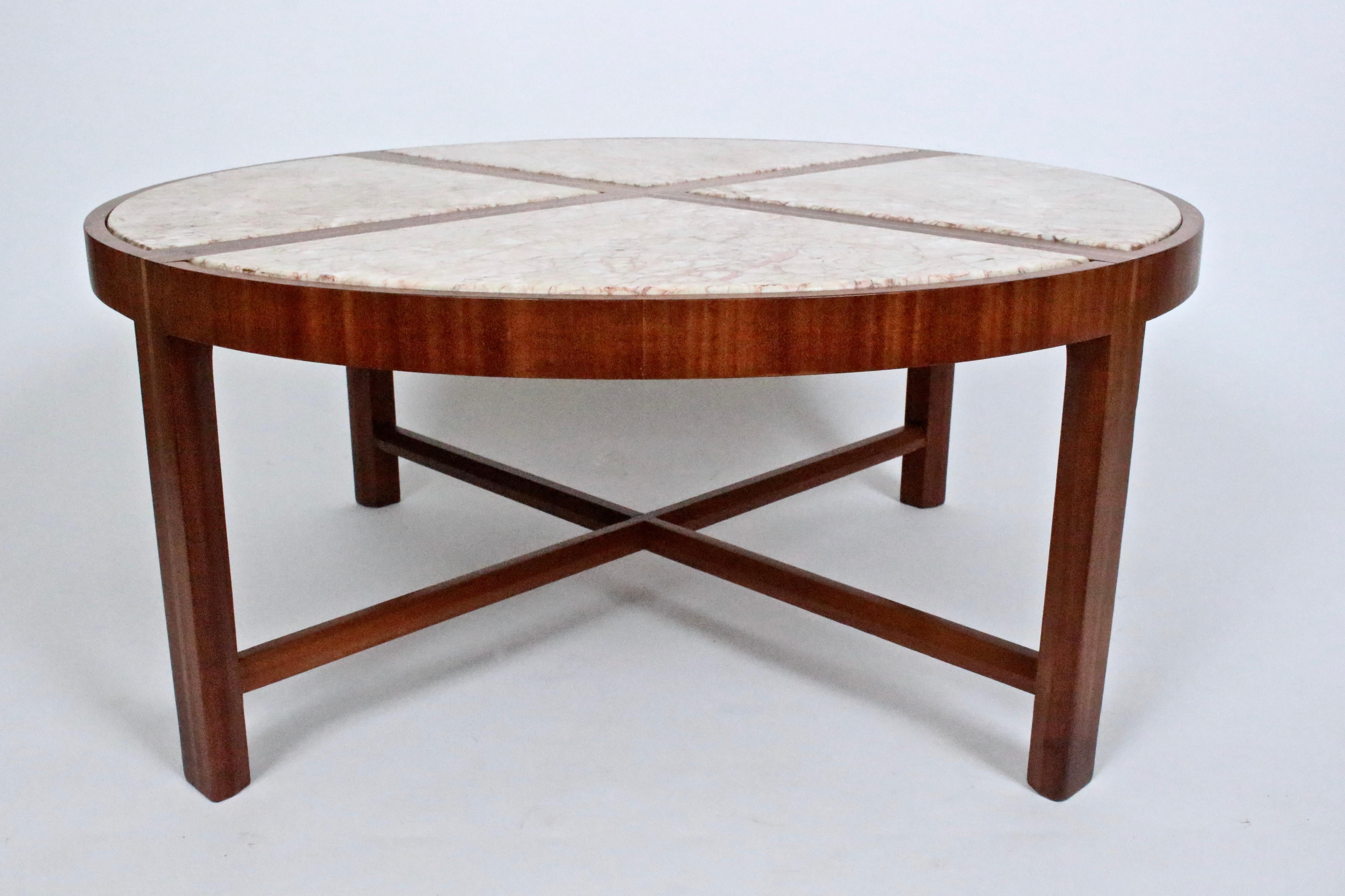 Tommi Parzinger for Charak Modern Round Pink Marble Veined & Teak Coffee Table For Sale 5