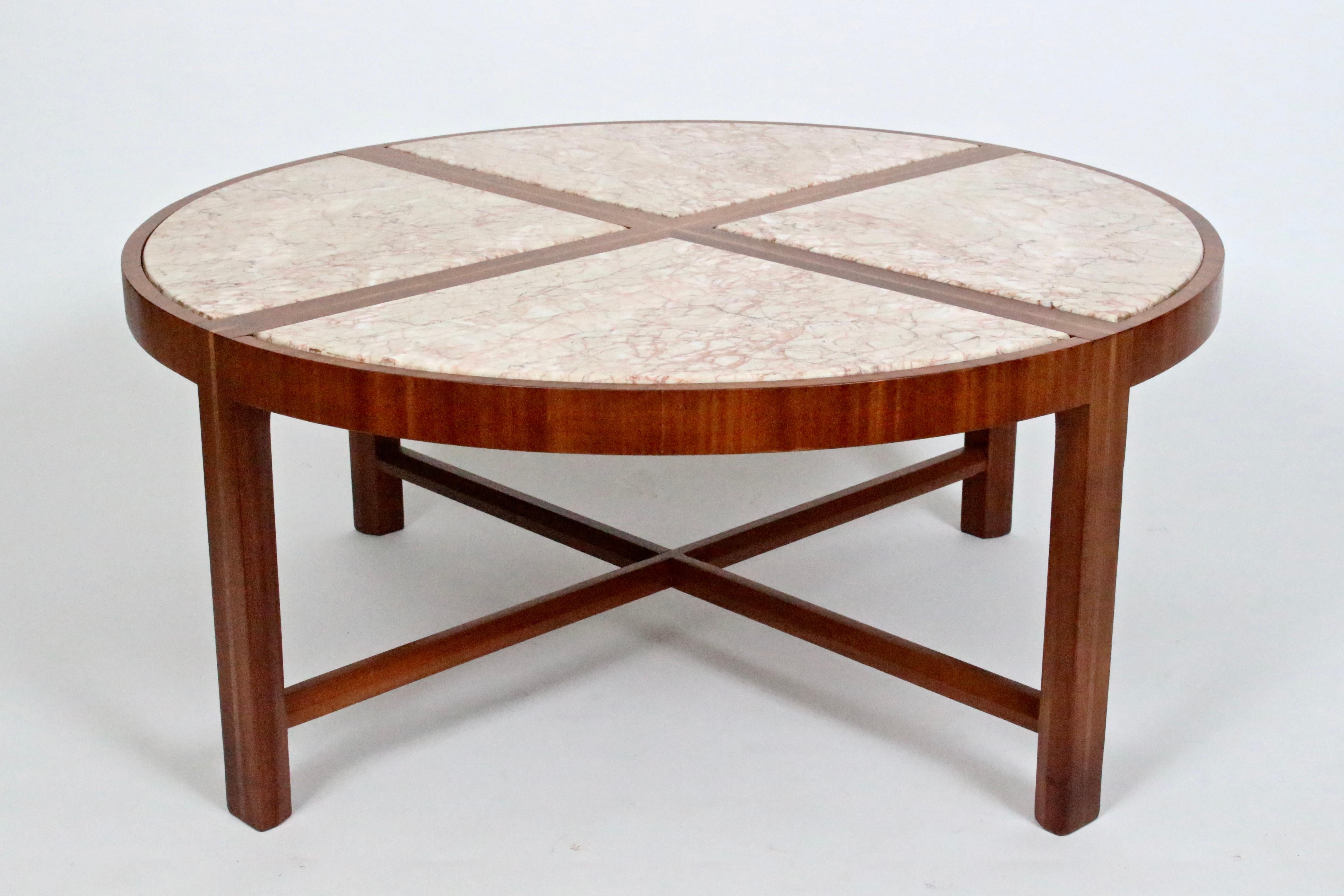 Tommi Parzinger for Charak Modern Marble and Mahogany Coffee Table, 1950s. Featuring a sturdy, inlaid mahogany framework, circular surface divided quadrant area inset with Rosa Norvegia marble. Hues in pink, cream and white. Total 5 pieces. Should