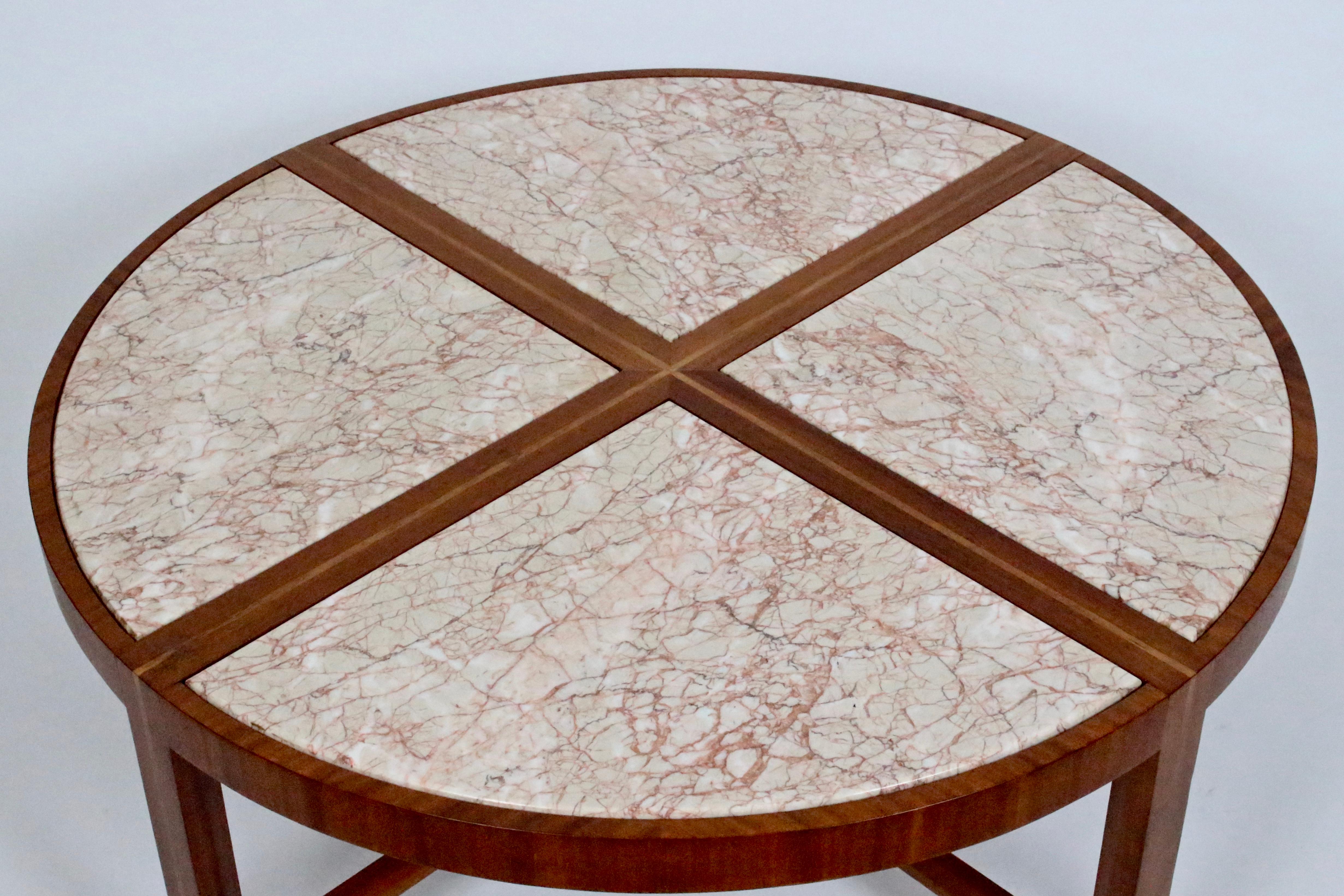 Mid-Century Modern Tommi Parzinger for Charak Modern Round Pink Marble Veined & Teak Coffee Table For Sale