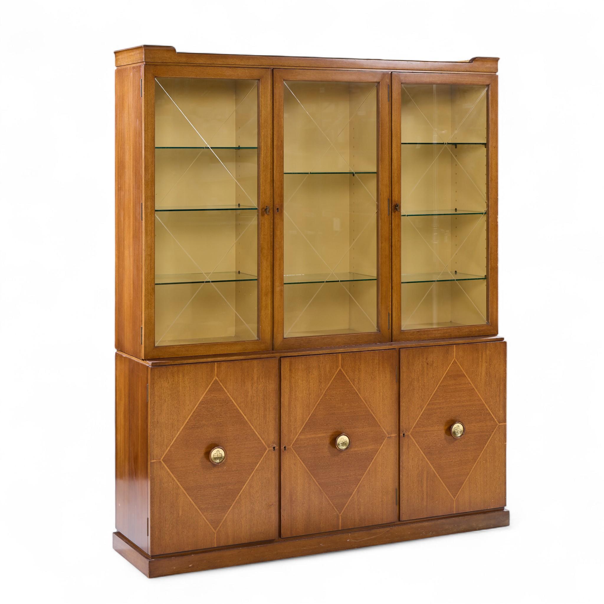 Tommi Parzinger for Charak Modern Mid Century Mahogany Breakfront China Cabinet

The upper of the china cabinet measures: 60 wide x 13.25 deep x 44.5 inches high
The lower of the china cabinet measures: 60 wide x 15.5 deep x 30.25 inches high
The