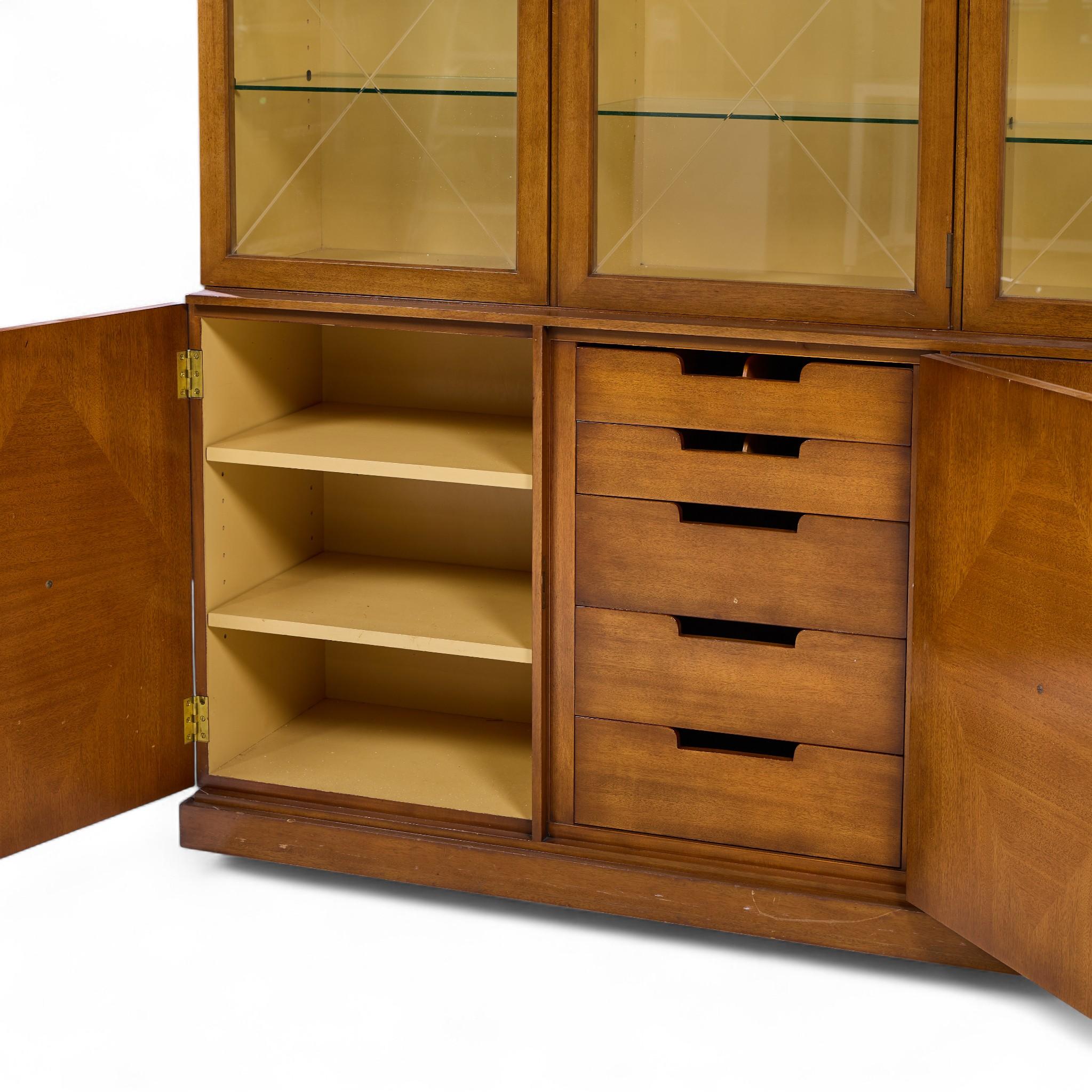 Glass Tommi Parzinger for Charak Modern Mid Century Mahogany Breakfront China Cabinet For Sale