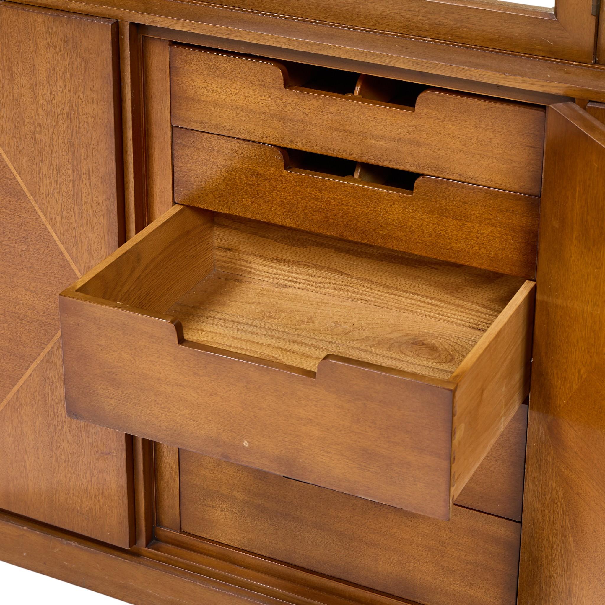Tommi Parzinger for Charak Modern Mid Century Mahogany Breakfront China Cabinet For Sale 2