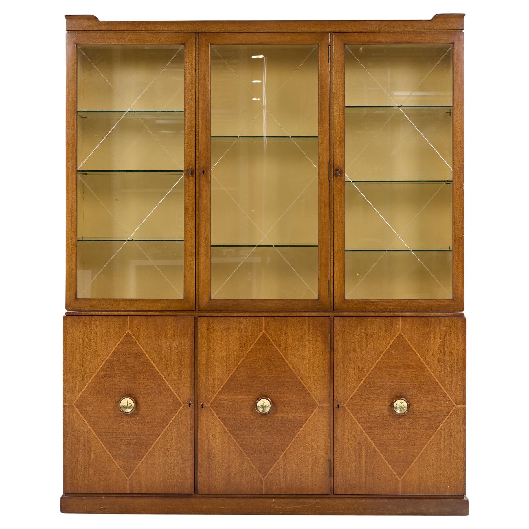 Tommi Parzinger for Charak Modern Mid Century Mahogany Breakfront China Cabinet For Sale