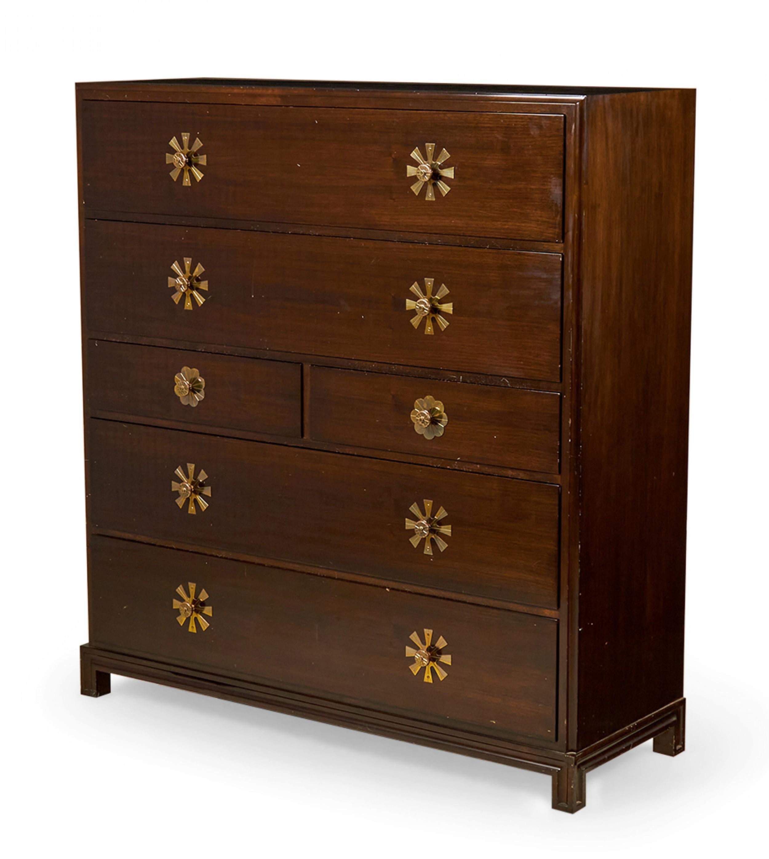 American Mid-Century (circa 1950) 6-drawer mahogany high chest with brass sunburst-form drawer pulls. (TOMMI PARZINGER FOR CHARAK ORIGINALS)

